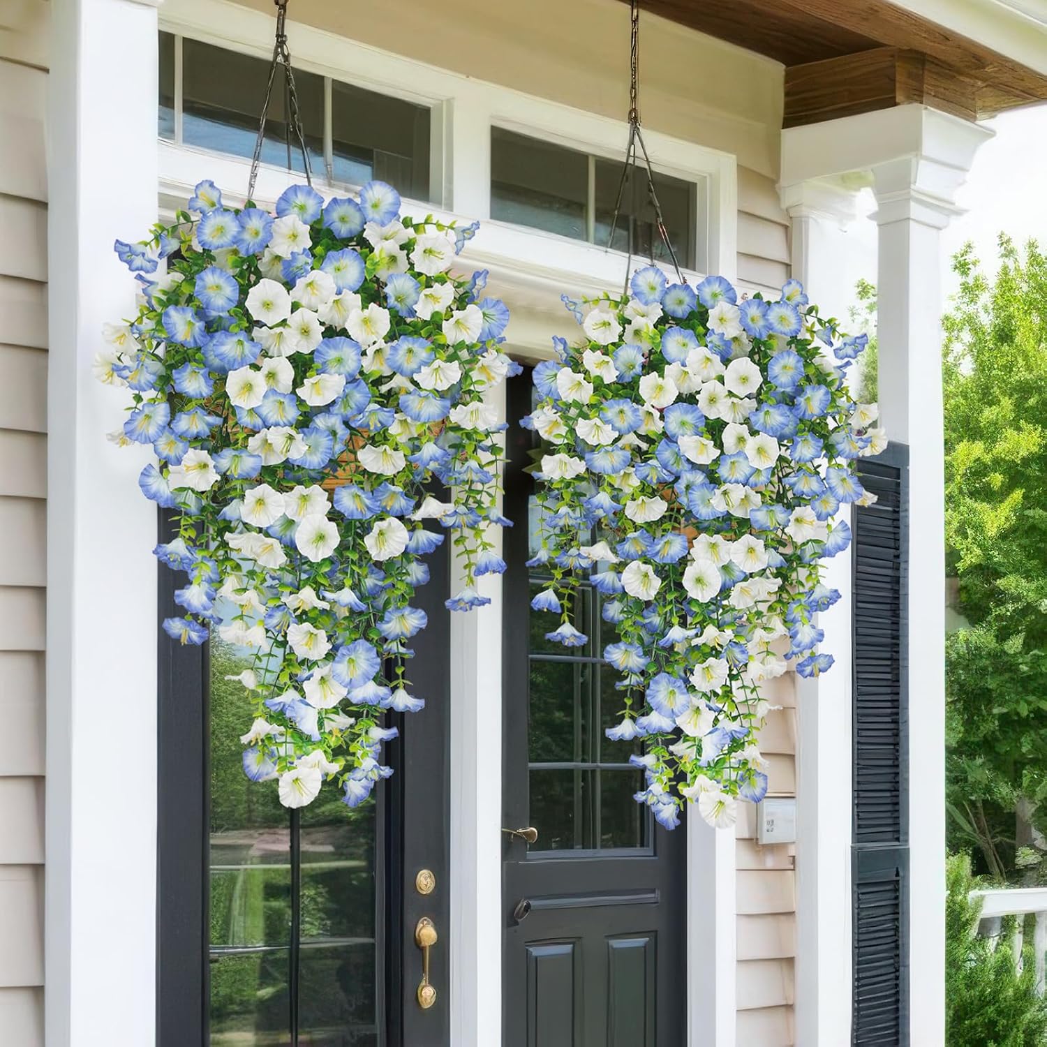 3 Pcs Artificial Hanging Flowers for Outdoors Morning Glory Artificial Flowers Spring Summer Decoration UV Resistant Blue Faux Flowers for Outdoor Planters Front Door Porch Patio Yard Decor