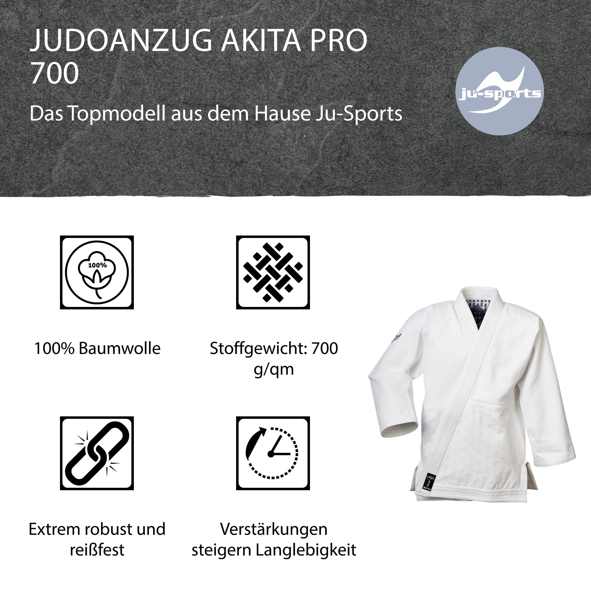 Ju-Sports Judoanzug Akita pro 700 Weiß I Moderner Judoanzug Kinder & Erwachsene I Judogi für Training & Wettkampf I Mehrfach verstärkt I Vernähte Schulter- & Brust I 100% Baumwolle
