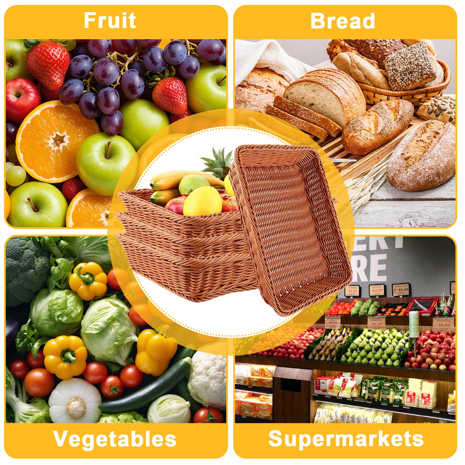 AKOLAFE 4 Pièces Corbeille a Pain en Osier 40 x 30 x 8 CM Panier Pain Empilables Panier a Pain de Service Brun Panier Osier Rectangulaire Corbeille Osier pour Pain, fruit, Légume, Ustensile de Cuisine