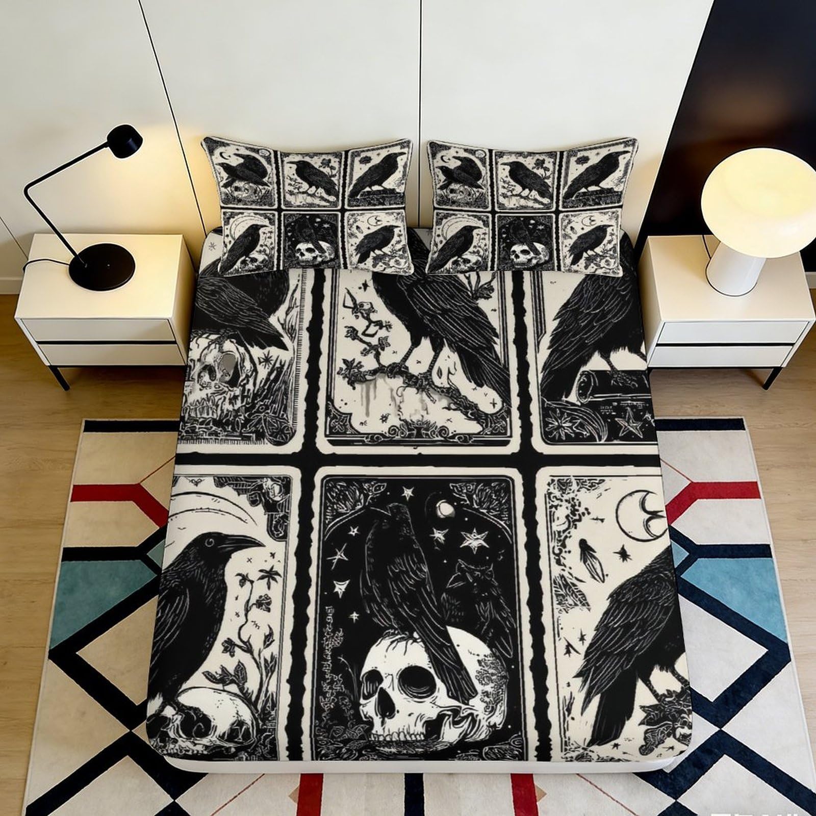 3D Printed Gothic Raven Skull Fitted Sheet Microfiber Soft Breathable Dark Art Bed Cover for Bedroom Dormitory Guest Room Mattress Protection Decor 120x200x25cm