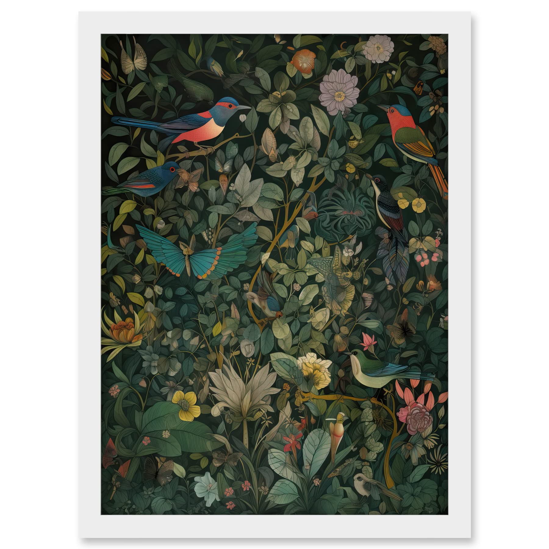 Artery8 Butterflies and Birds on Flowering Shrub Folk Art Artwork Framed A3 Wall Art Print