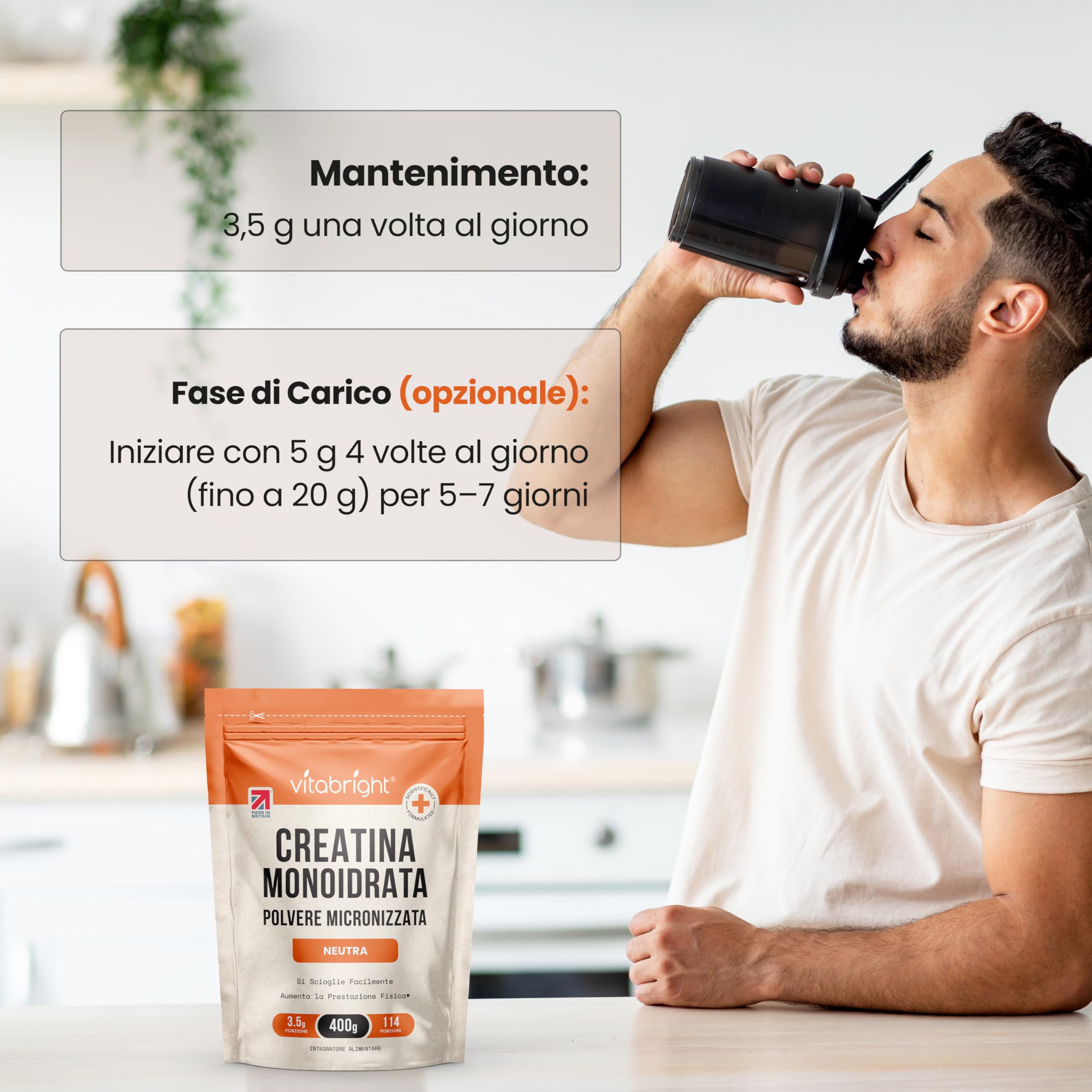 Creatina Monoidrata in Polvere Micronizzata | Busta da 400g | 114 Porzioni | Creatina Monohidrato Polvere Ultra Fine 200 Mesh a Rapido Scioglimento (Non Capsule) | Vitabright Creatine Monohydrate