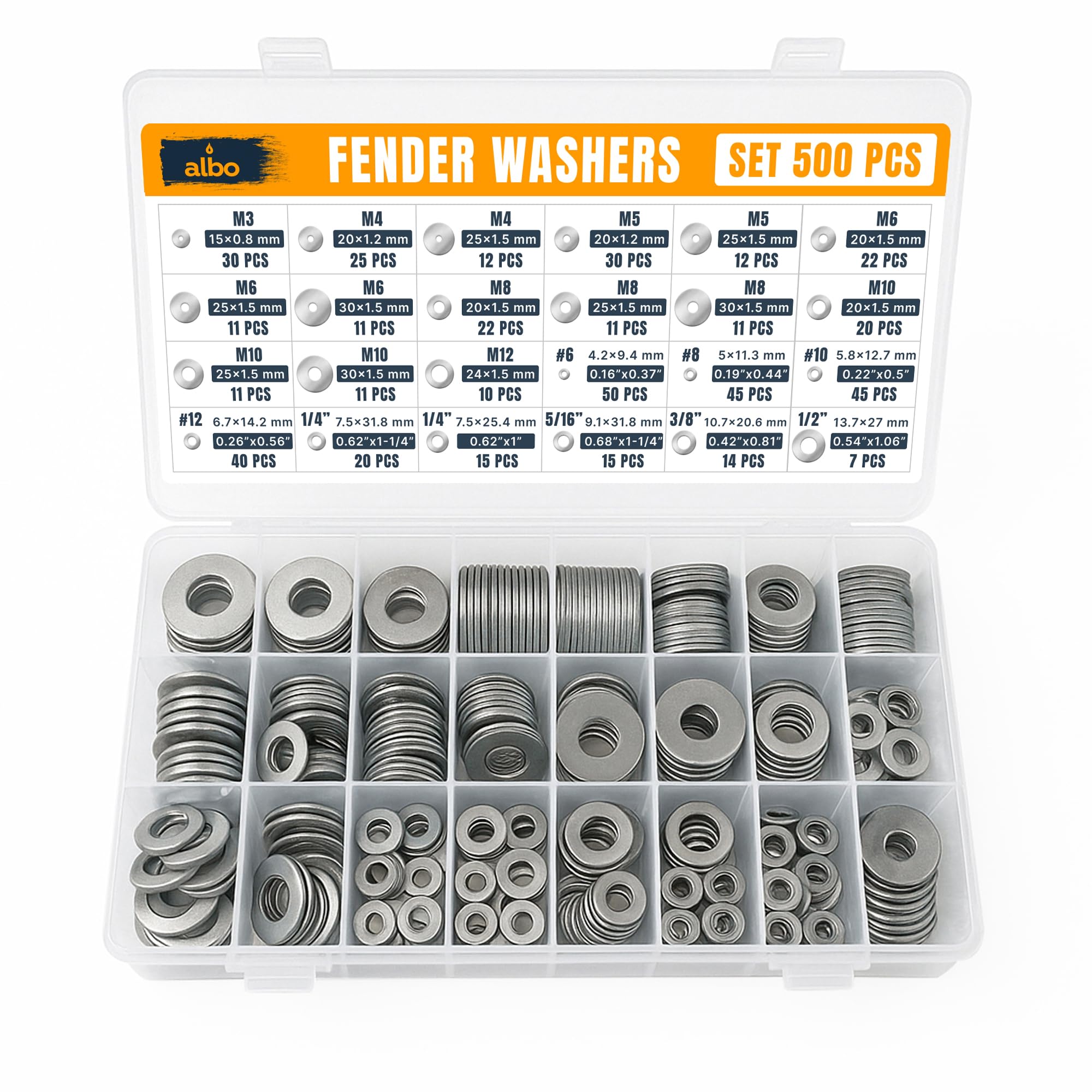 Assortiment de 500 rondelles d'aile en acier inoxydable – Lot de rondelles plates pour vis et boulons, en acier inoxydable 304, tailles assorties M3-M12, #6-#12, 1/4" à 1/2" pour une utilisation