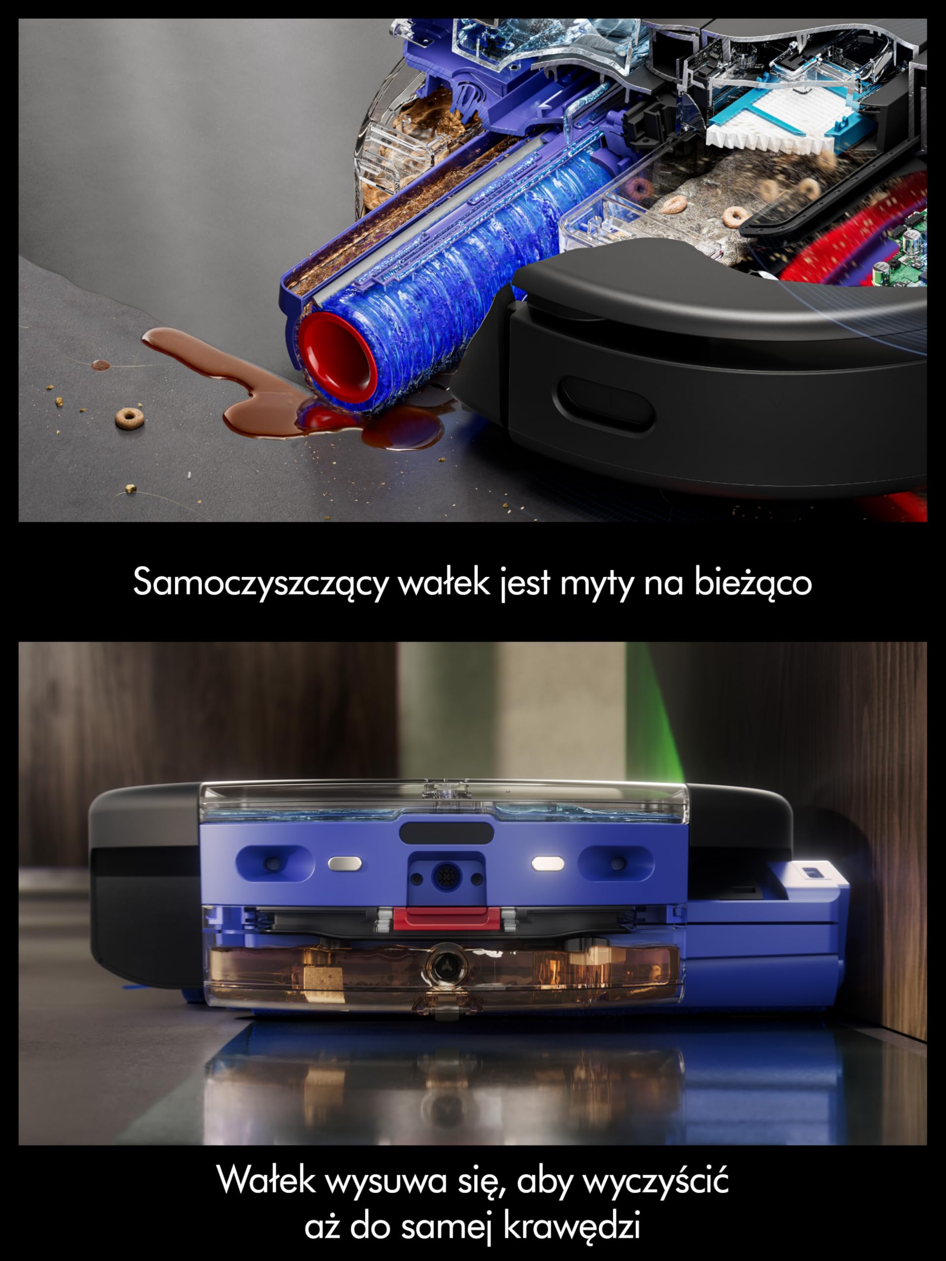 Robot odkurzający Dyson Spot+Scrub™ AI do pracy na mokro i sucho, wałek samoczyszczący, 4× większa siła ssania na dywanach, automatyczne opróżnianie, usuwanie plam za pomocą AI (Czarny/Niebieski)