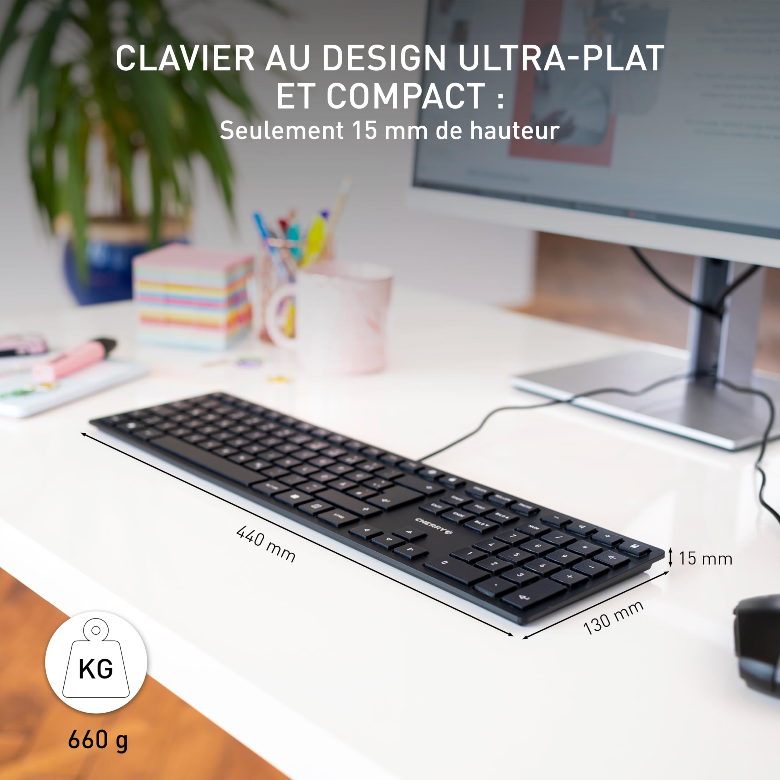 CHERRY KC 6000 Slim, Clavier au Design Ultra-Plat, Disposition française (AZERTY) Filaire (Port USB-A), Touches silencieuses, Marquage Durable, Noir