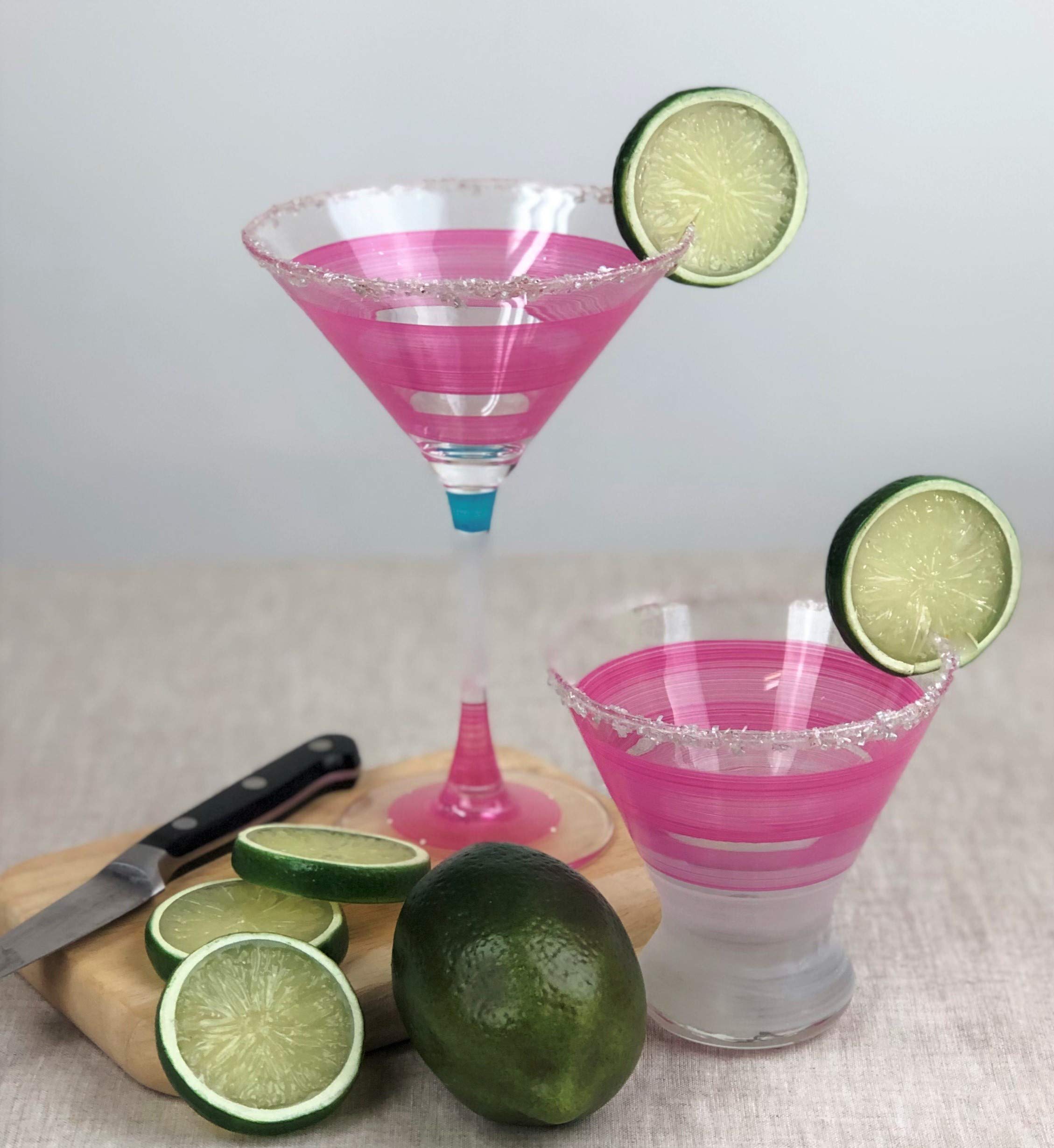 Golden Hill Studio Hand Painted Martini Glasses Set of 2 - Cape Cod Cottage Pink Collection - Hand Painted Glassware by USA Artists - Unique and Decorative Martini Glasses, Kitchen Table Décor