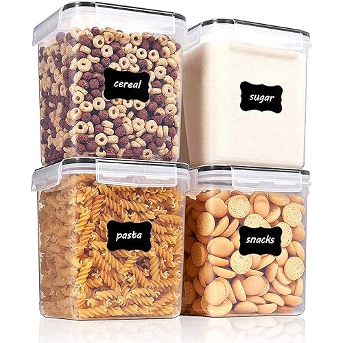 Vtopmart Food Storage Containers 2.5L / 84.5oz, 4 Pieces BPA Free Plastic Airtight Food Storage Containers for Flour, Sugar, Baking Supplies, with 4 Measuring Spoons and 24 Labels,Black