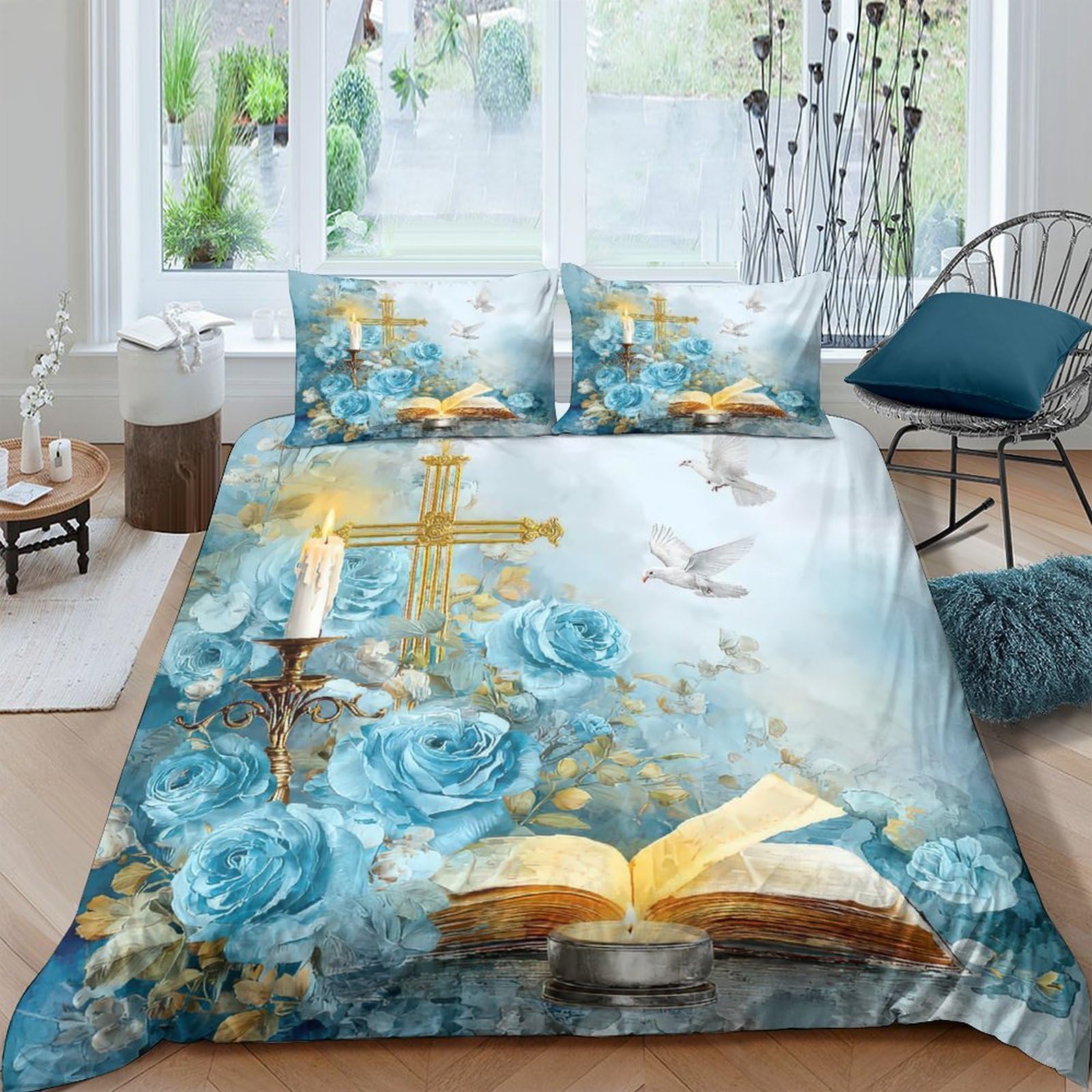 Ctjqhvkz Style-2 3D Printed Blue Rose Cross Fitted Sheet Microfiber Soft Decorative Bible Dove Mattress Cover For Bedroom Dorm Home Single（135X200cm）
