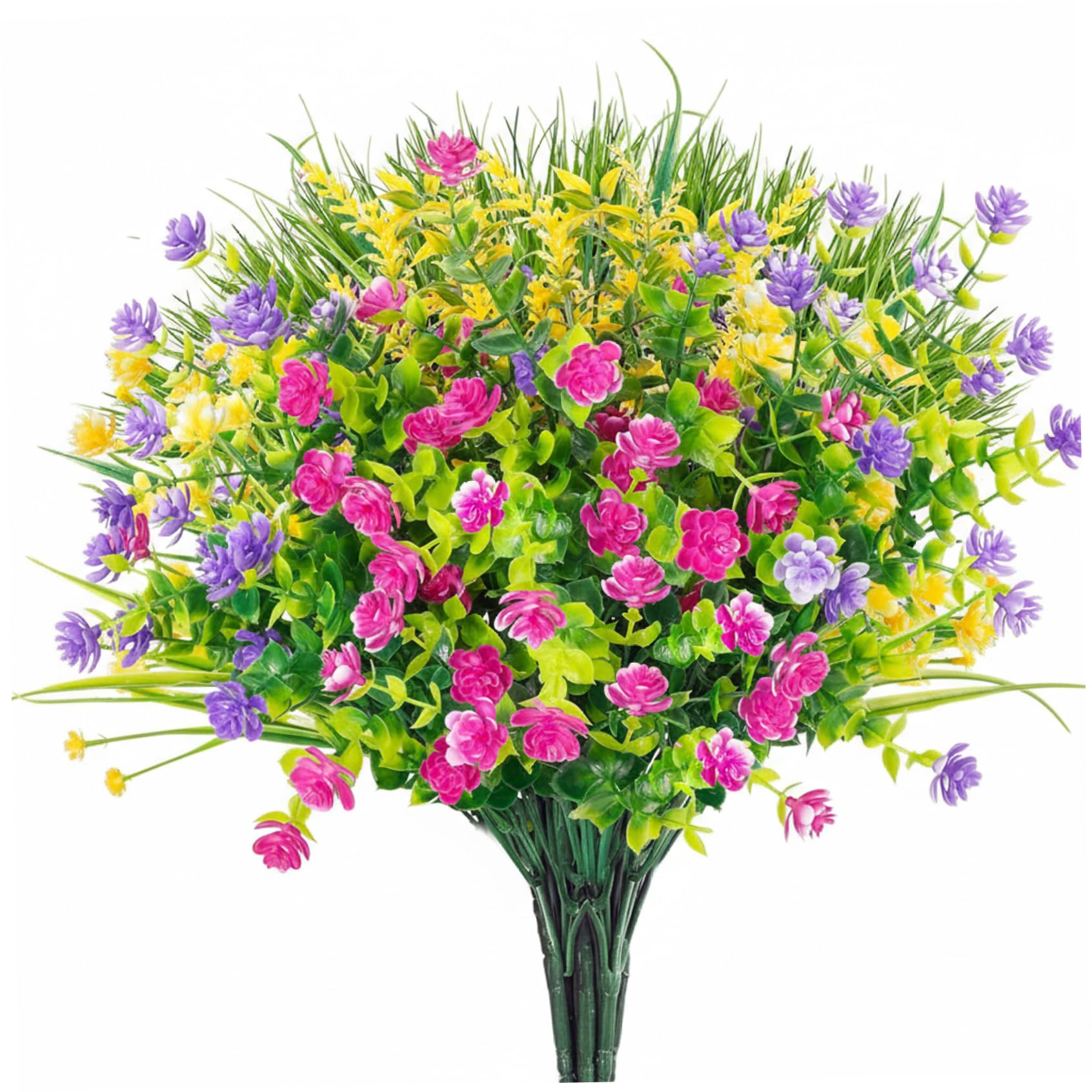 Ginwrek Spring Flowers Artificial Plastic Flowers 9PCS Spring Artificial Faux Eucalyptus & Greenery Bouquet for Home Decor Cemetery Arrangements