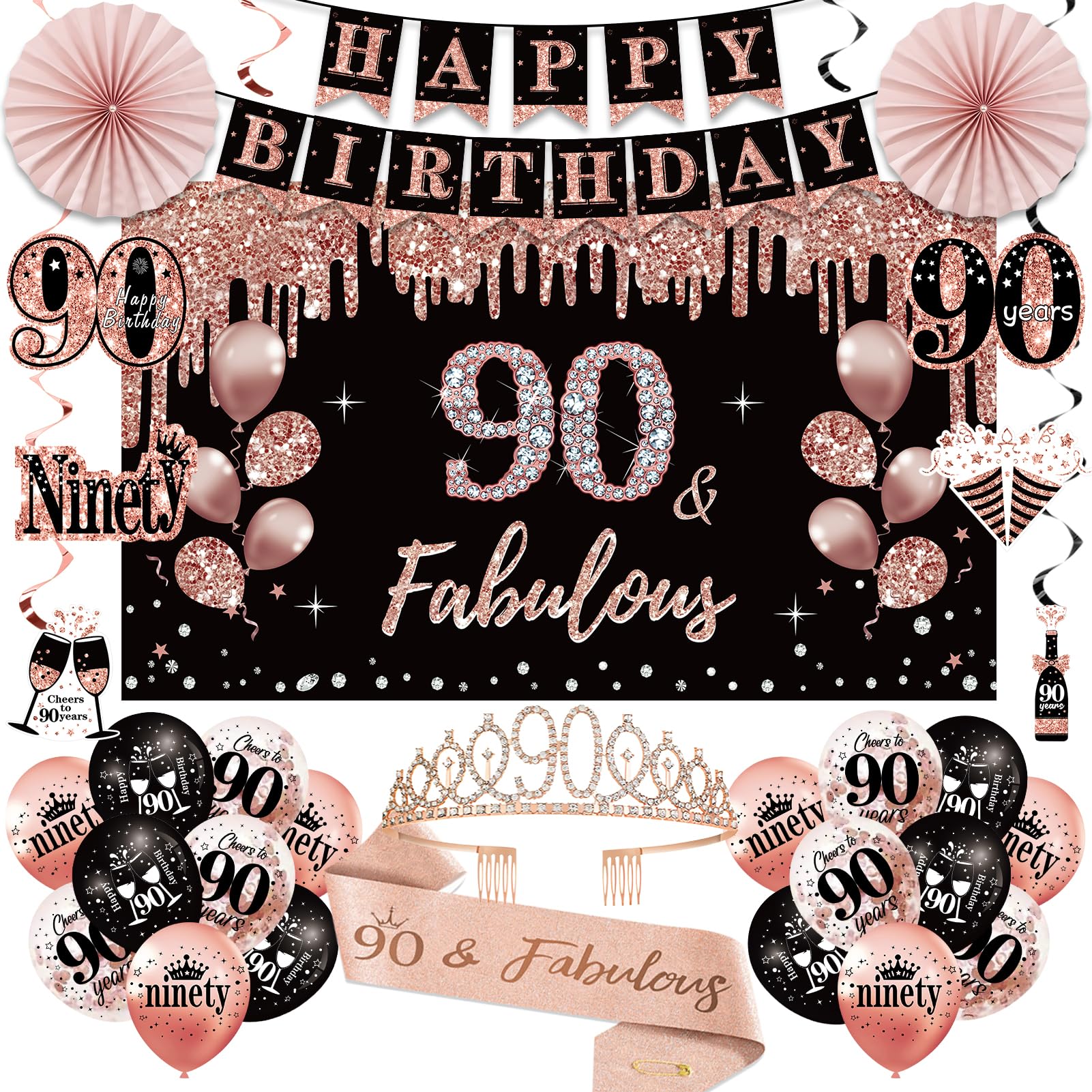 90th Birthday Decorations for Women, 33pcs 90th Crown and Sash, Black Rose Gold Happy 90th Birthday Banner Balloons Backdrop Hanging Swirls Paper Fans