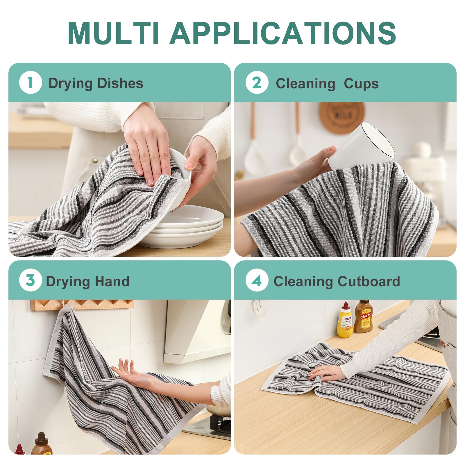 SALAS Premium Cotton Kitchen Dish Towels for Drying Dishes,Large Long Kitchen Hand Towels, Thick Highly Absorbent Dish Clothes Tea Towel Sets with Hanging Loop, 16" X 26", 4 Pcs, Gray