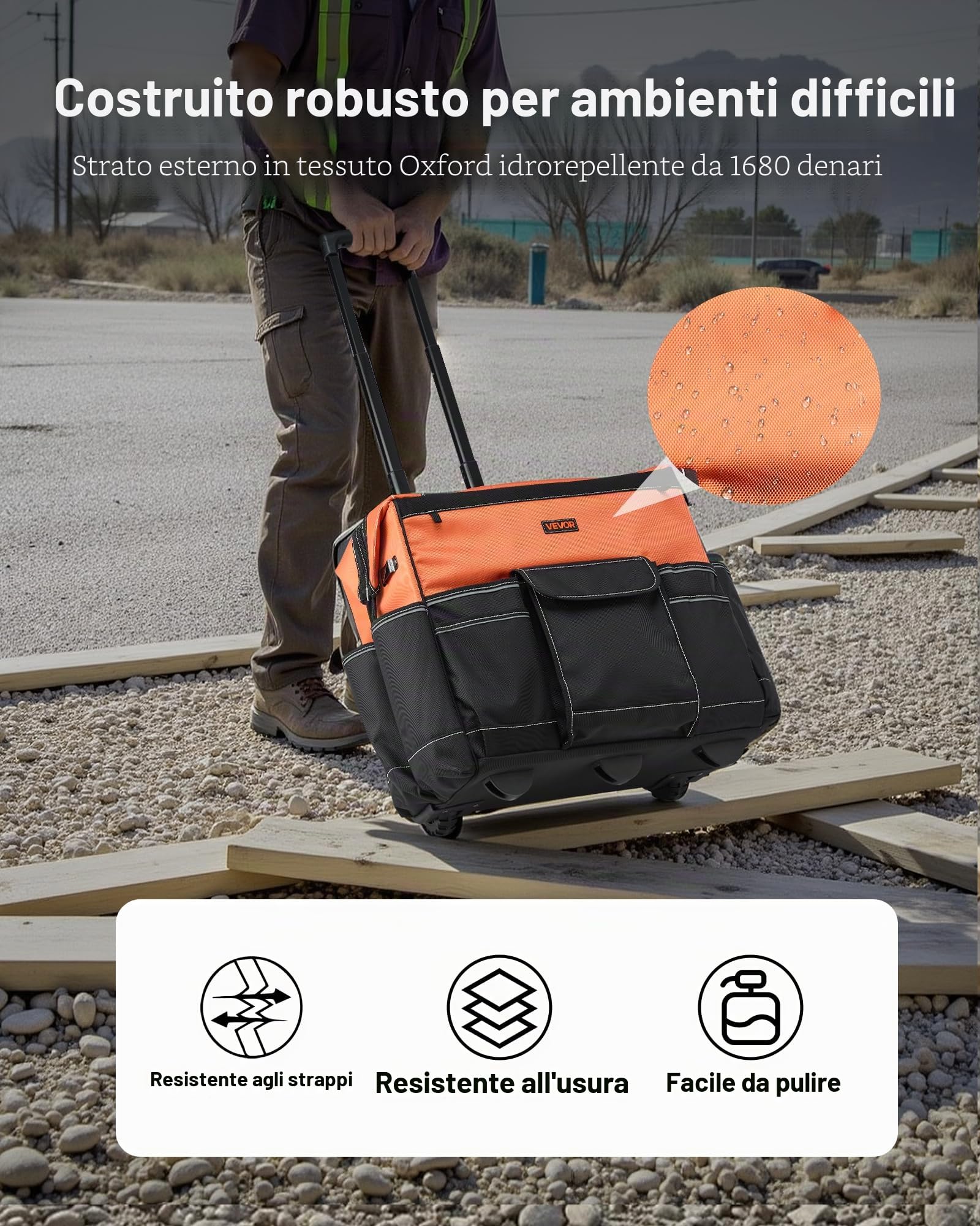VEVOR Zaino Portautensili con Ruote, Capacità 50 kg, Borsa Portautensili con Ruote da 27 Tasche, Maniglia Telescopica Regolabile e Base Stabile, Organizzatore per Borse per Edilizia, Meccanico