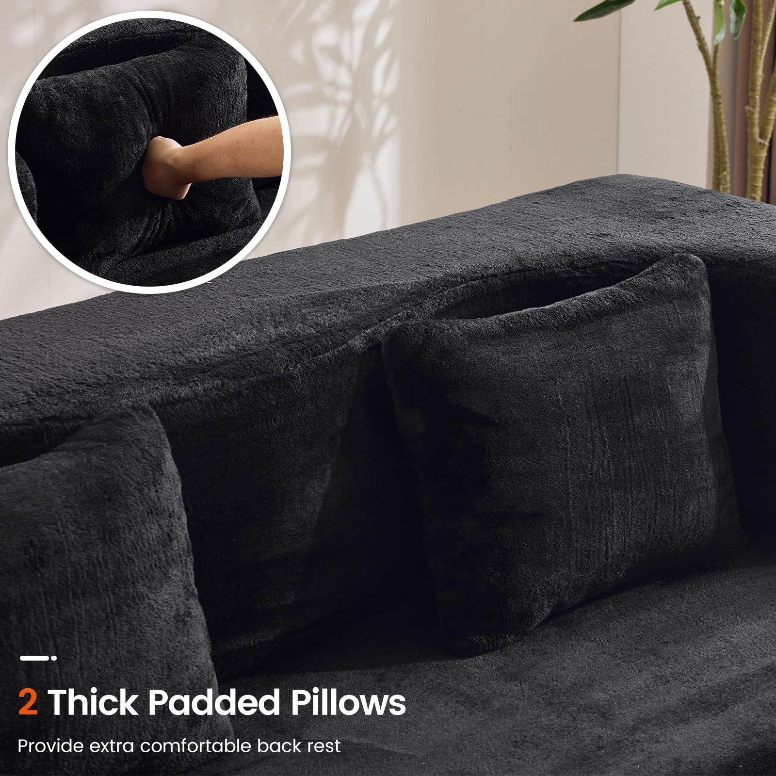 Orynveela Convertible Folding Sofa Bed, 78” Full Size Floor Sleeper Couch, Chenille Full Foam Futon Loveseat for Living Room Bedroom, No Assembly Required (Green): 71" Black