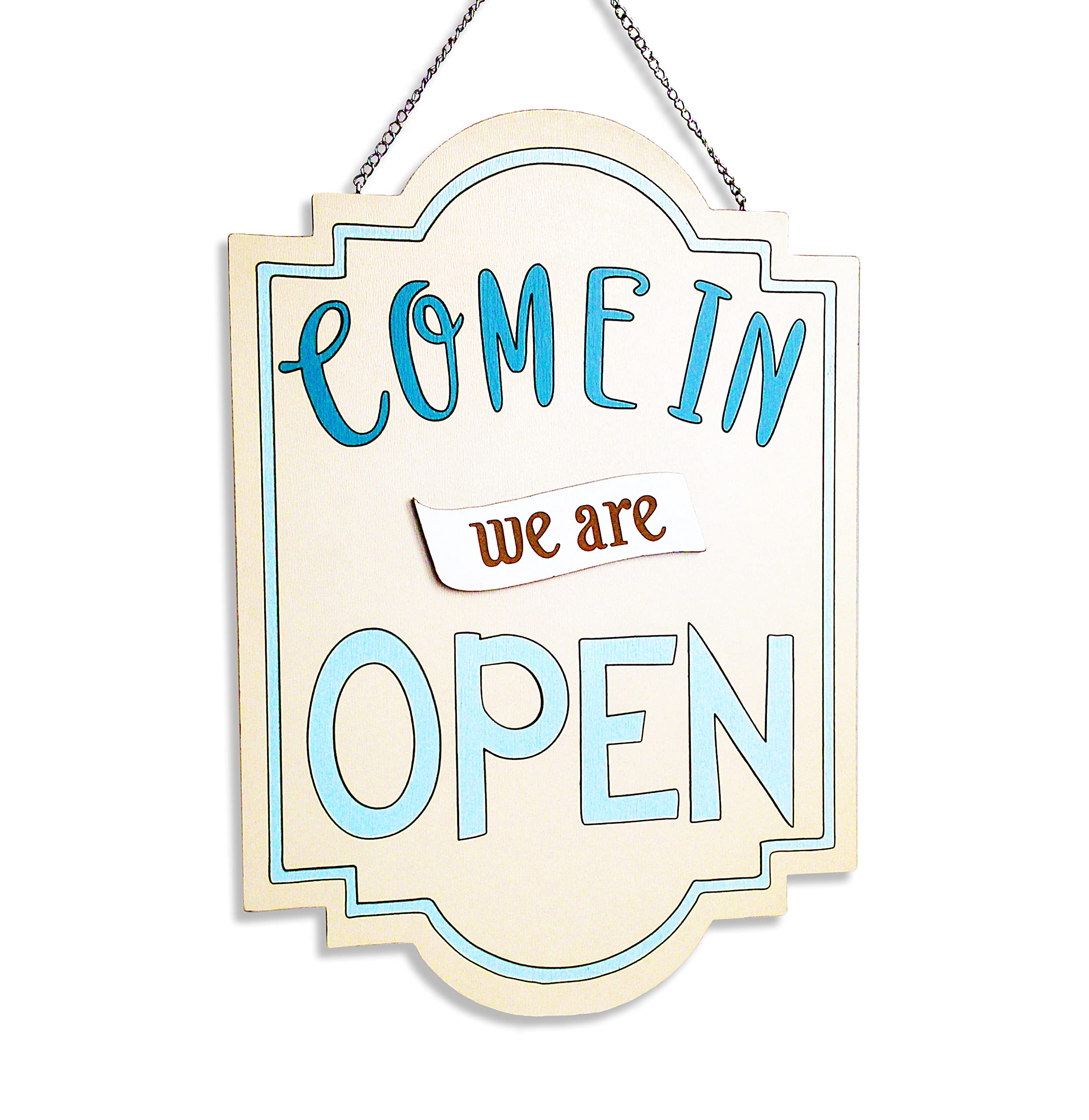 Come in we are OPEN/Sorry we are CLOSED sign - double sided informational decorative business hanging wood plaque - cream and blue