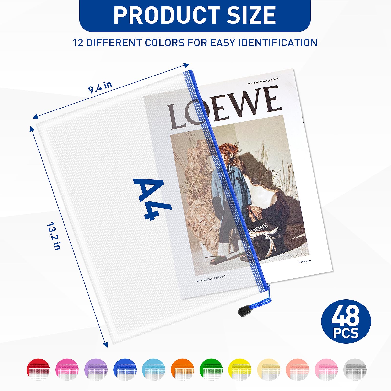48 sacchetti in rete con cerniera, sacchetti in plastica con cerniera, 12 colori per organizzare, sacchetti per documenti A4, sacchetti impermeabili con cerniera per l'organizzazione in