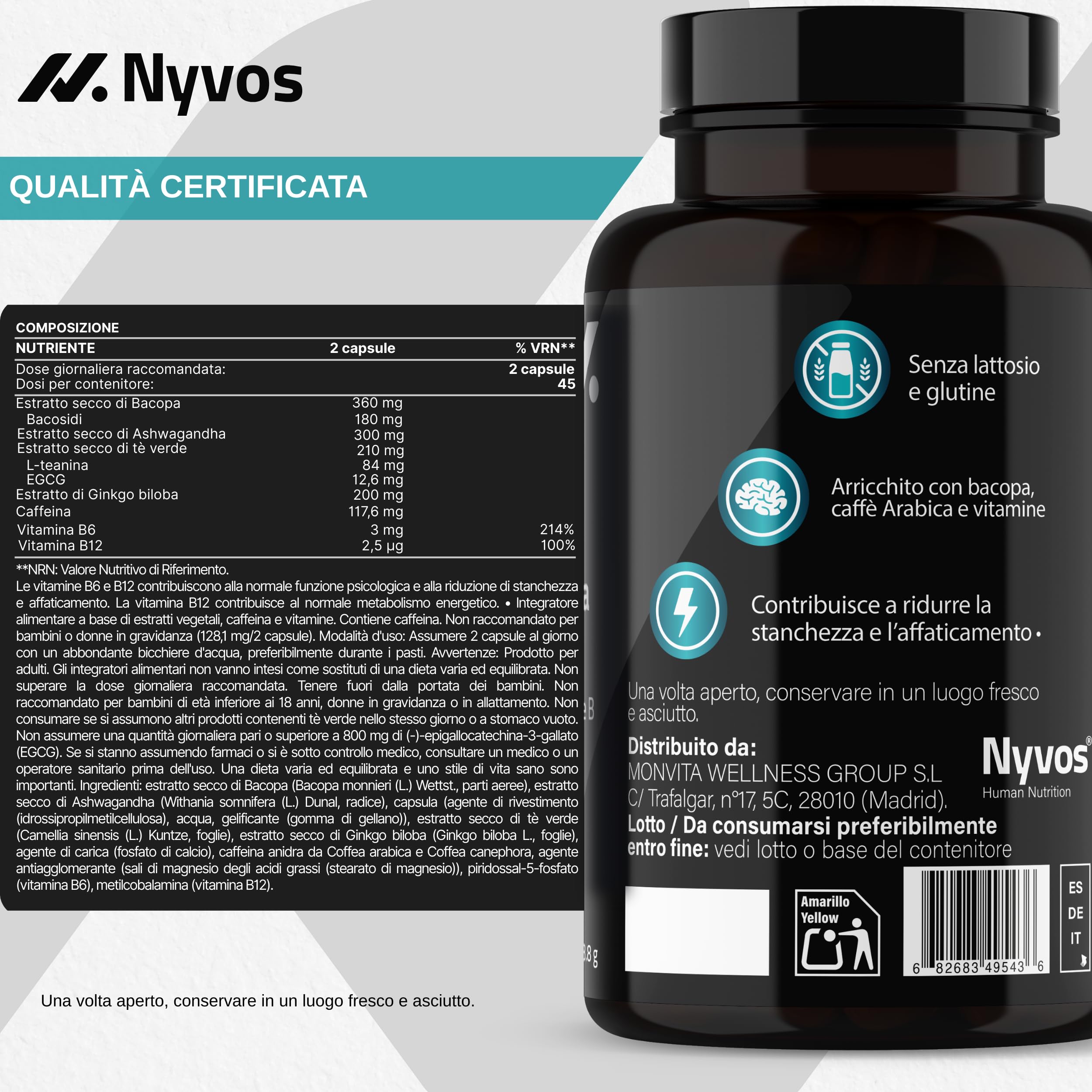 L Teanina, Ginkgo Biloba, Ashwagandha – Nootropico con Bacopa Monnieri, caffeina naturale, vitamine B6 & B12 ad alto dosaggio | Focus, concentrazione & energia senza nervosismo | 90 capsule vegane