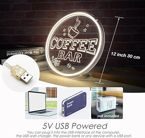 Miniatura 5 de NOXTROND Letrero de barra de café neón, regulable, alimentado por USB, de 12 pulgadas, redondo, para cafetería, cafetería, estación de café,