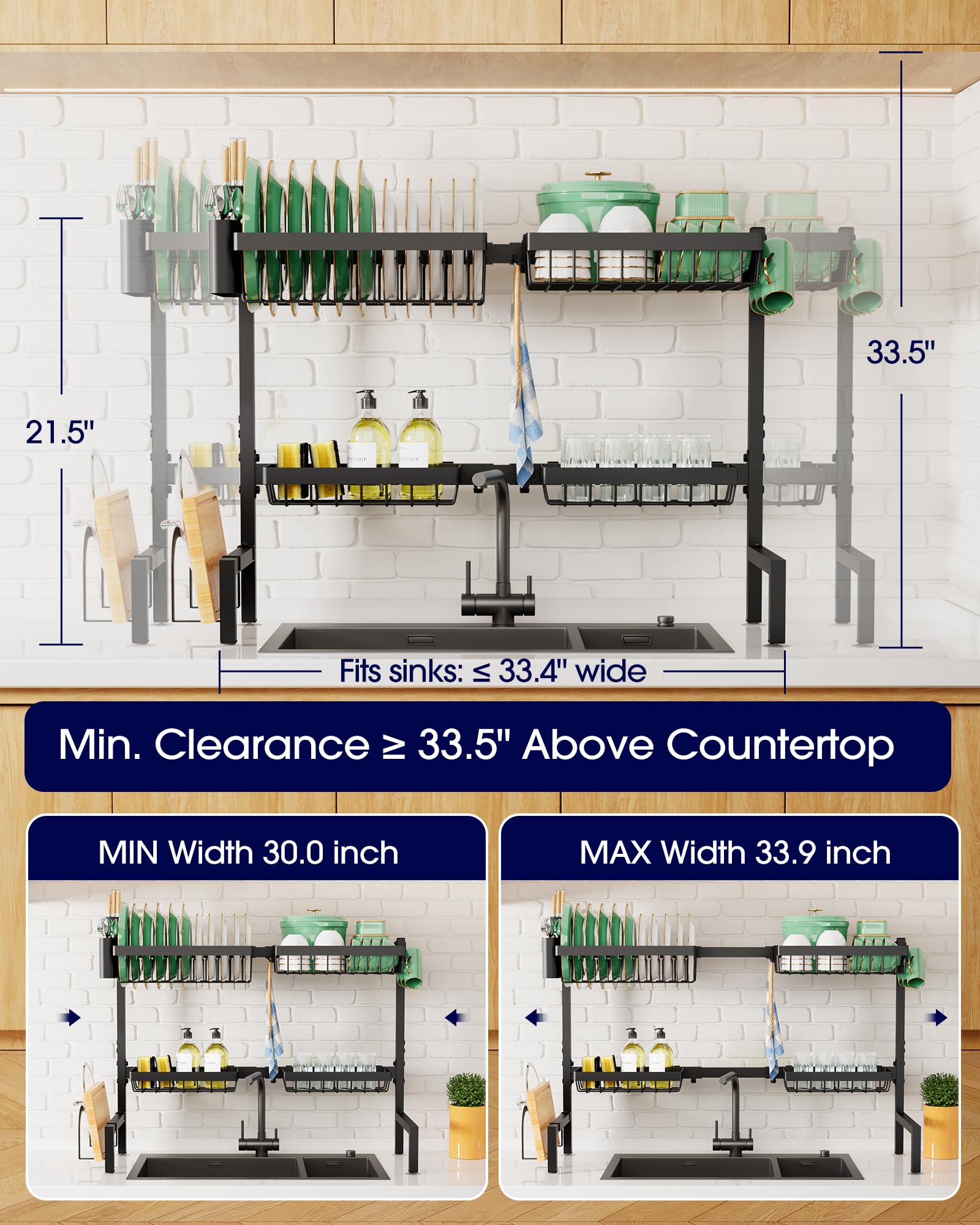 Kitsure - Escurridor de platos para encimera de cocina, para organización y almacenamiento, de acero inoxidable con soporte para cubiertos, 30 a 33.9 x 21.5 pulgadas, negro