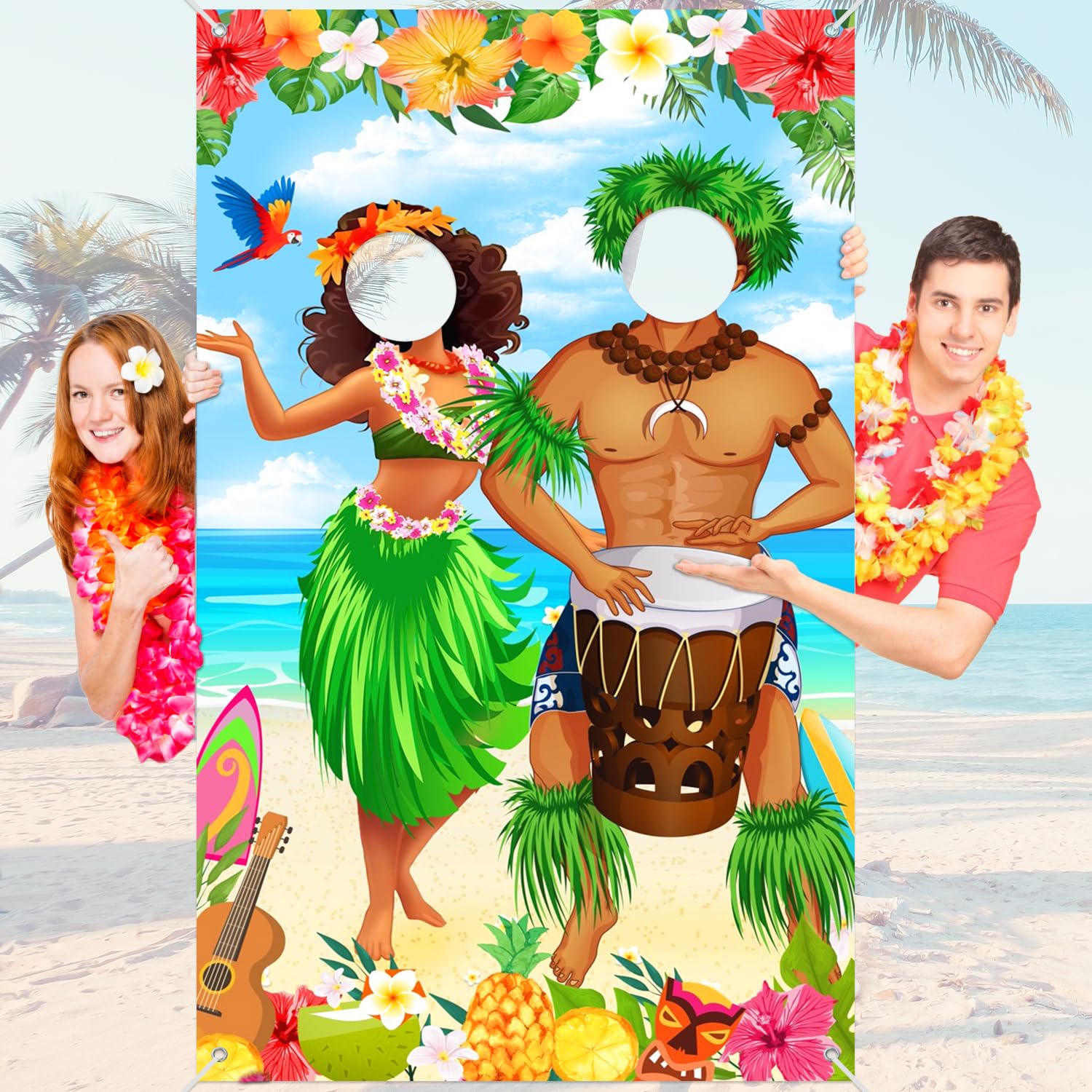 Hawaiian Luau Party Decorations, Luau Couple Photo Door Banner Luau Photo Booth Props for Tiki Hawaiian Luau Decorations Aloha Party Decorations, Beach Photo Props for Hawaiian Party Supplies,6x3.2ft