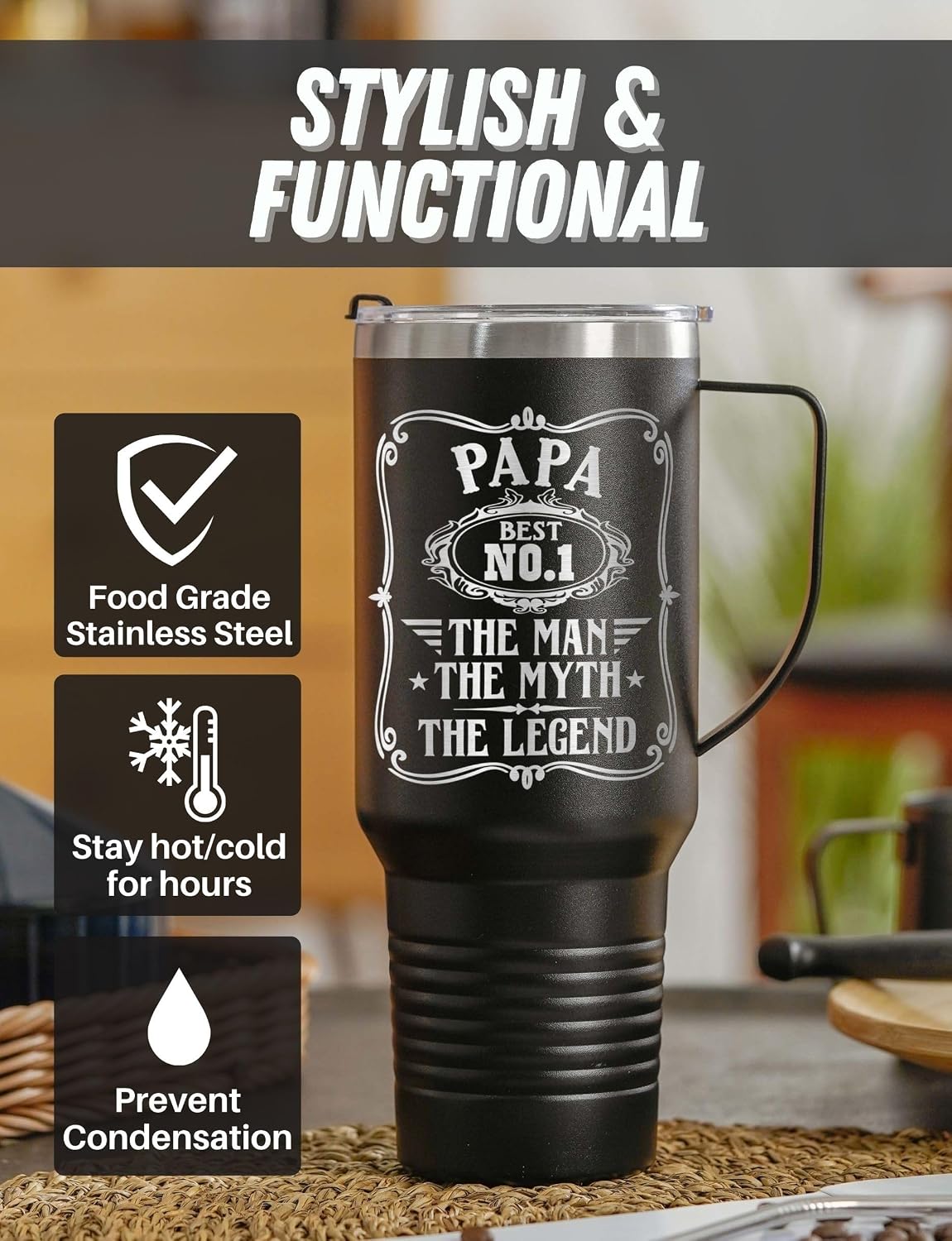 Onebttl Papa Gifts, 40oz Tumbler with Handle, Grandpa Presents from Grandkids for Father's Day, Christmas, Birthday, Retirement, Stainless Steel Cup with Lid & Straw