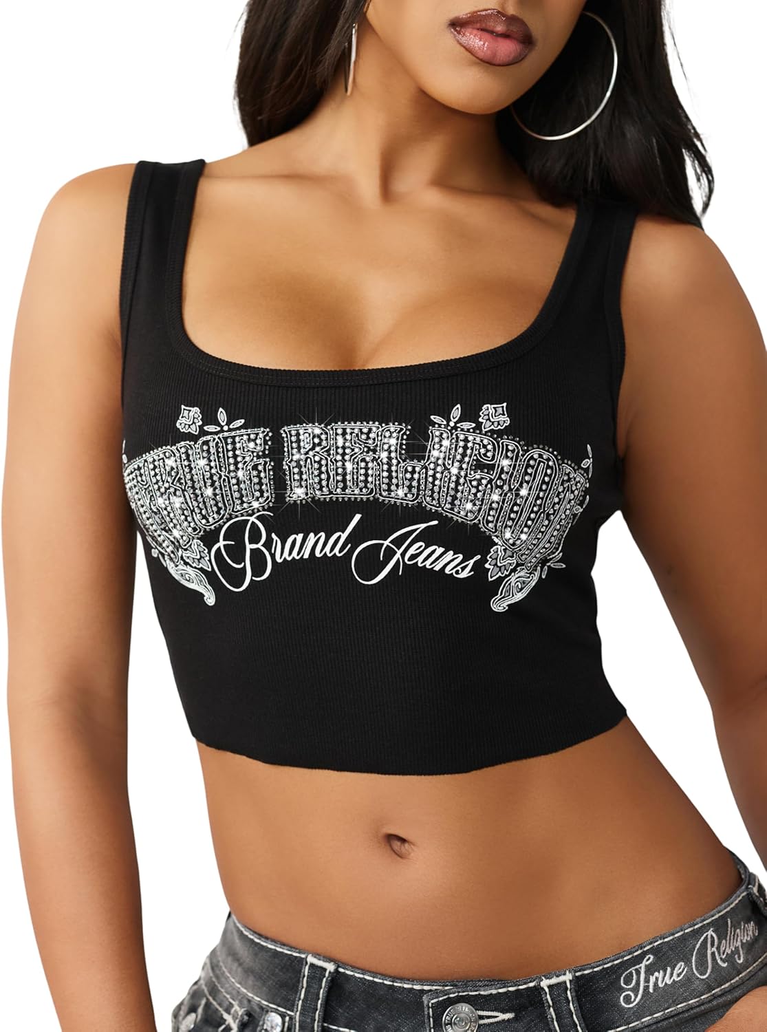 True Religion Women’s Crystal Bandanna Rib Tank – Ribbed Stretch Knit, Scoop Neck, Crystal Detailing