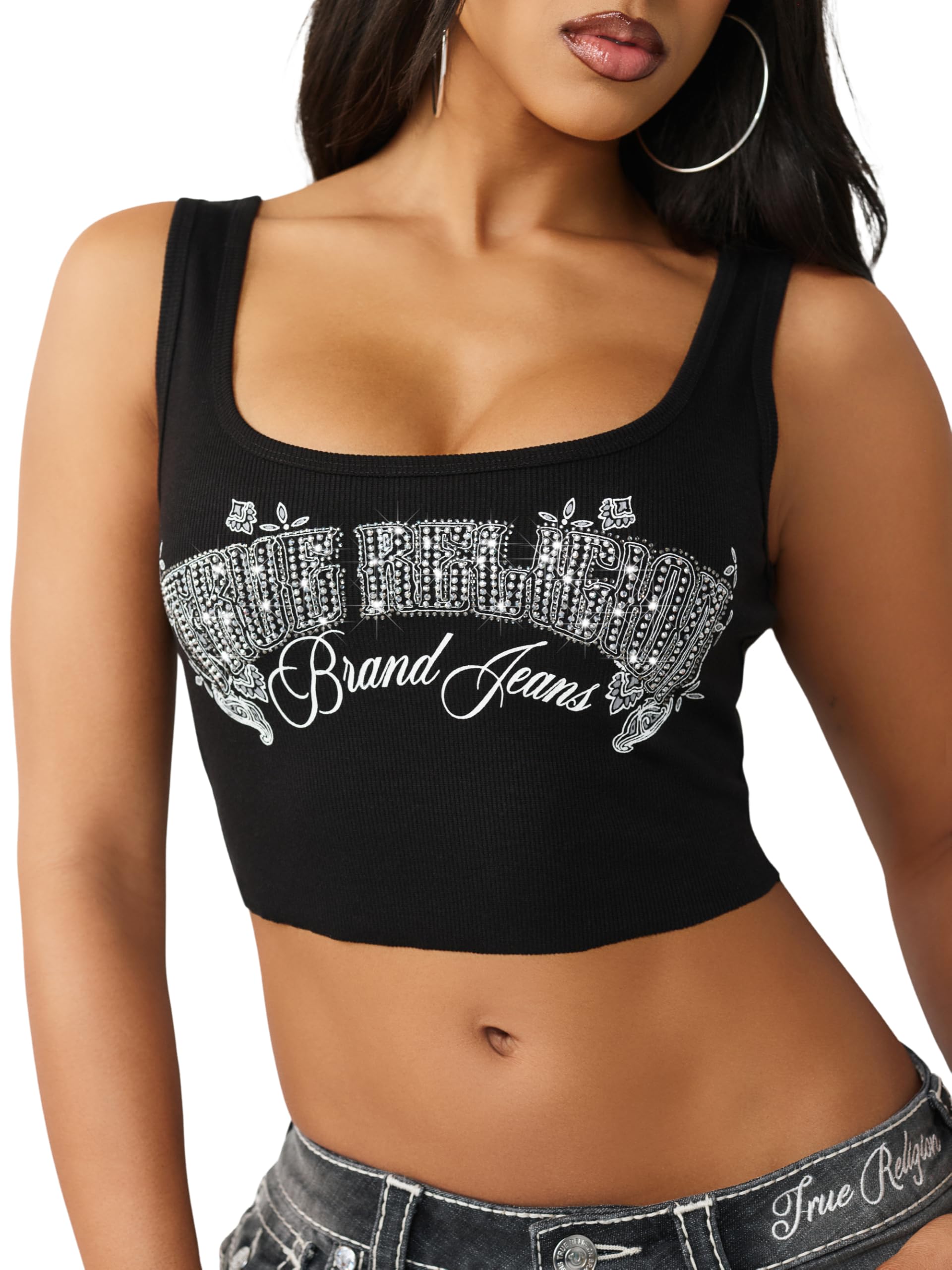 True Religion Women’s Crystal Bandanna Rib Tank – Ribbed Stretch Knit, Scoop Neck, Crystal Detailing, Jet Black, M