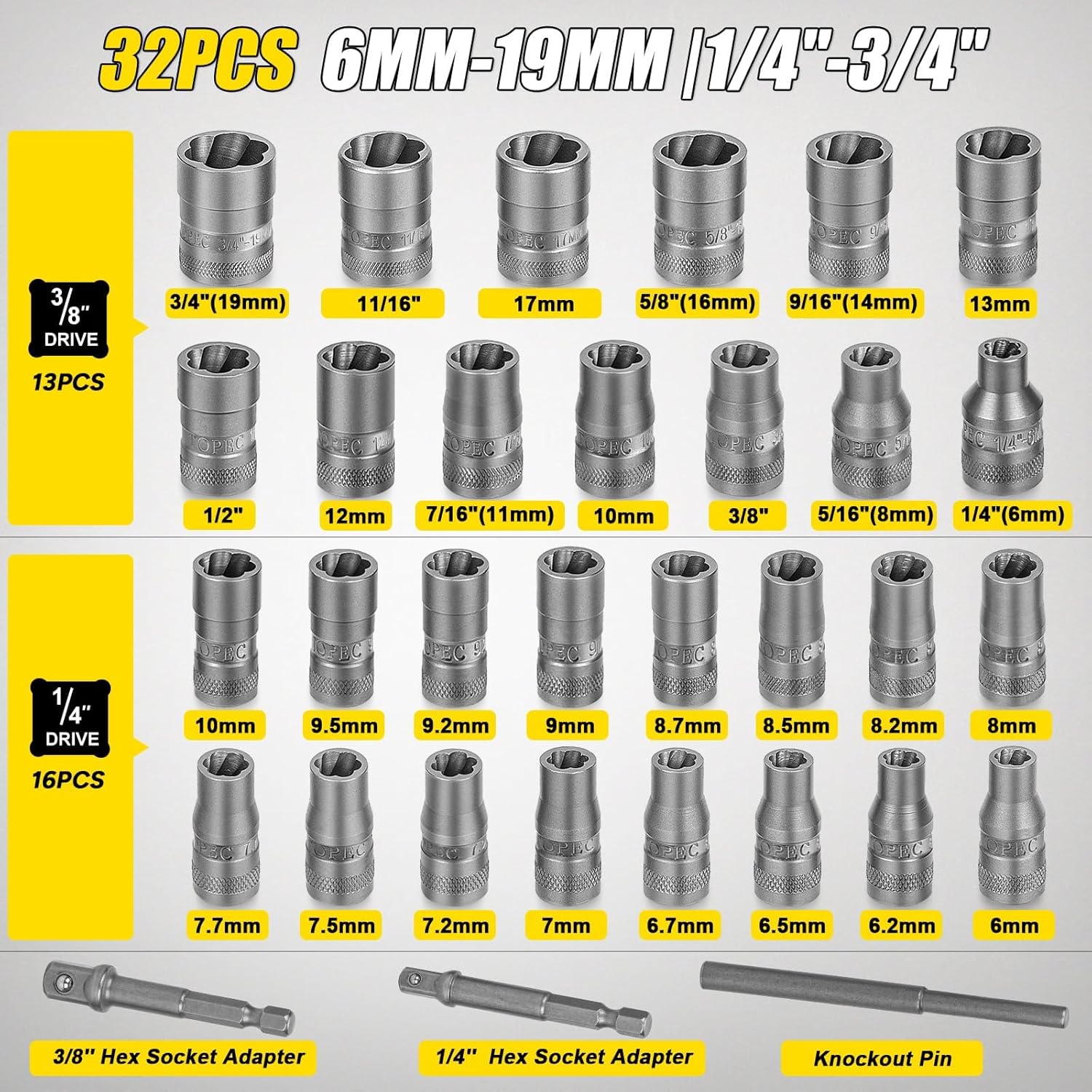Topec 32PCS Bolt Extractor Kit, Stripped Bolt Extractor Socket Set, 6mm-19mm (1/4" to 3/4") Rounded Bolt Remover, Easy Out Bolt Extractor Set for Broken Bolt Nuts
