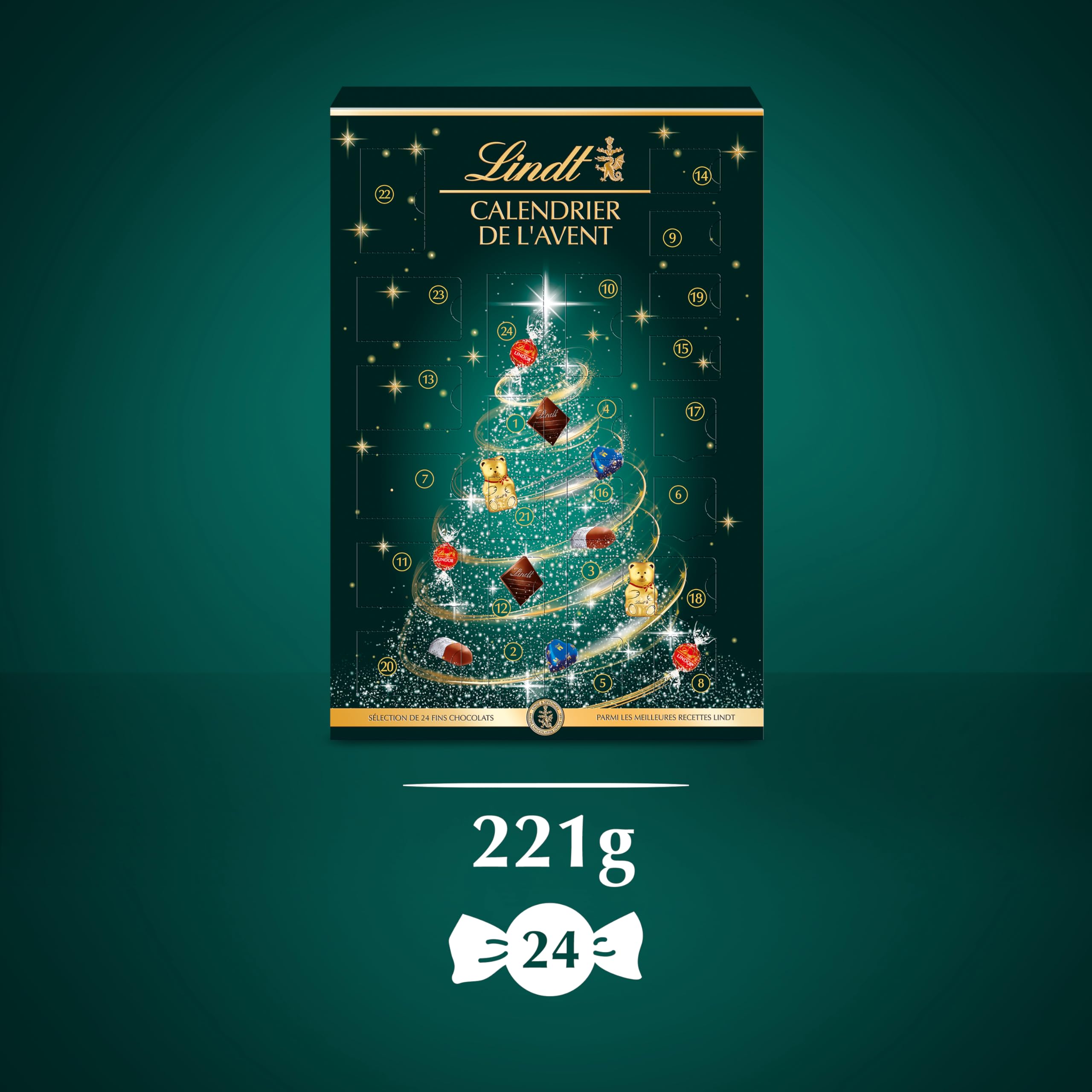 Lindt - Calendrier de l'Avent - Assortiment de Chocolats au Lait, Noirs et Blancs - Idéal pour Noël, 221g