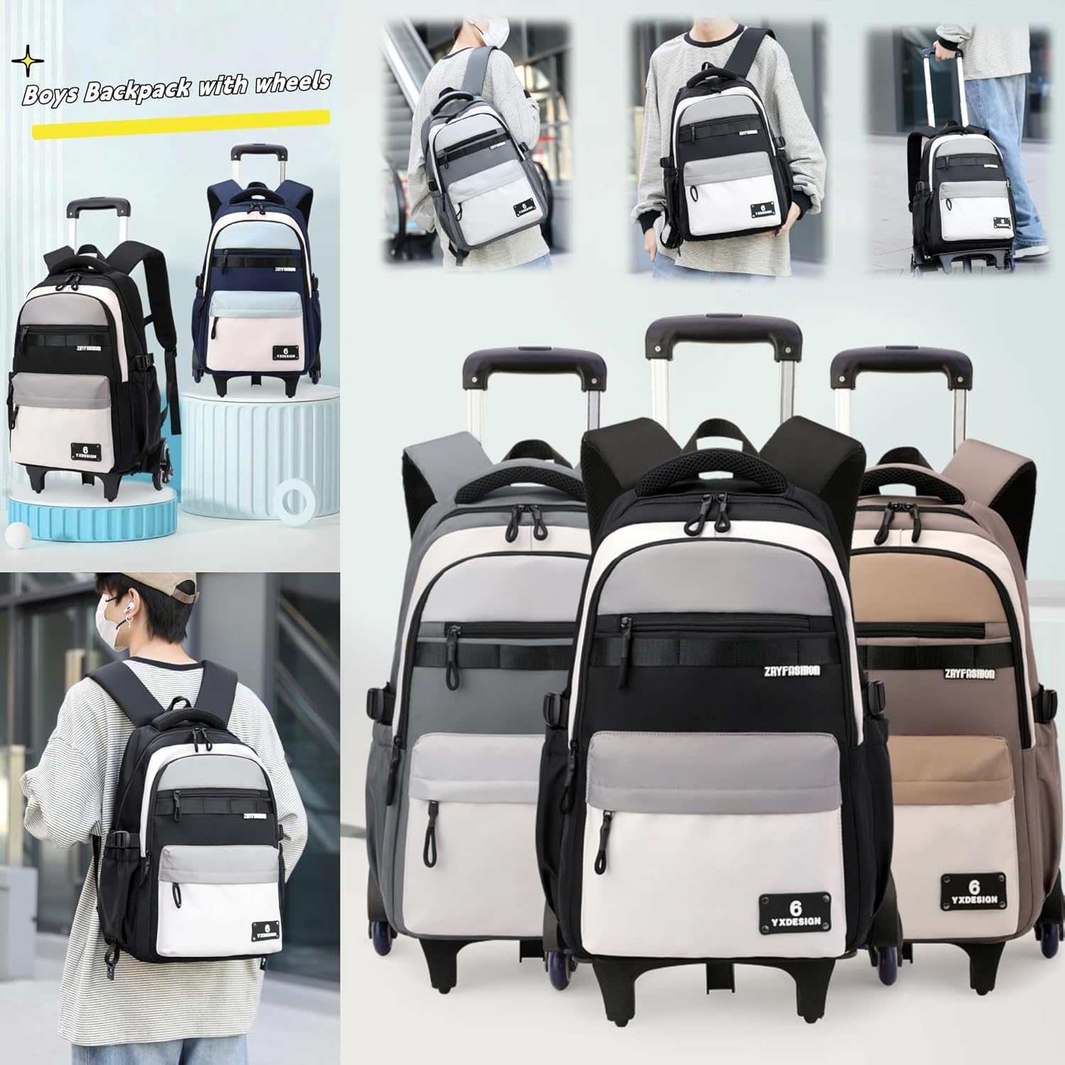 ZHANAO Rolling Backpack for Boys Color-blocking Schoolbag for Middle School Students Trolley Bookbags for Elementary Boys - Image 7