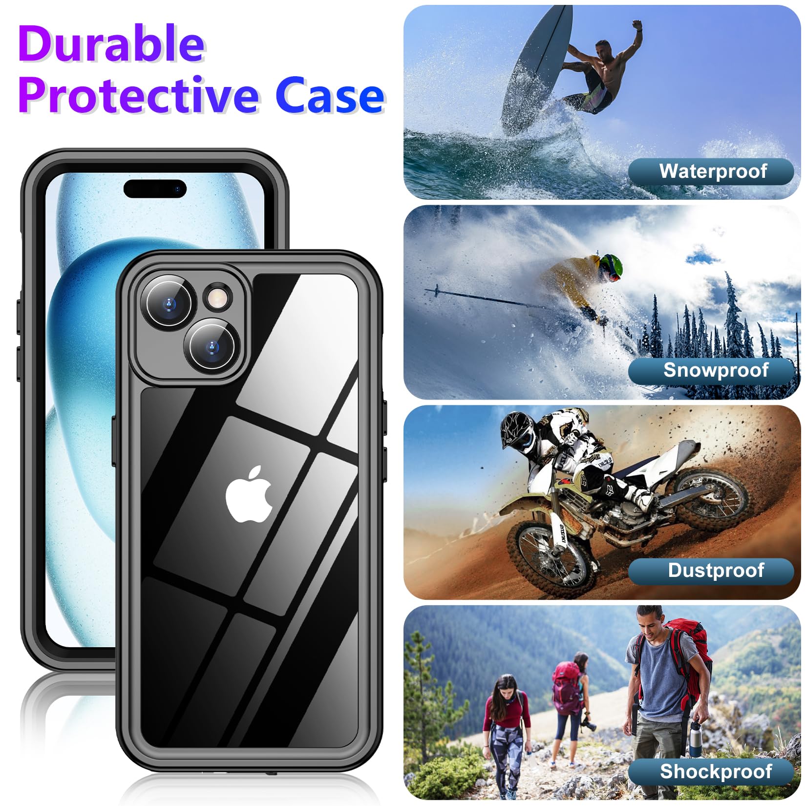 Funda impermeable para iPhone 15 de 6,1", diseño 2025, protección antigolpes grado militar, protector de cámara de cristal y de pantalla integrado, IP68 para uso bajo agua, resiste polvo y caídas