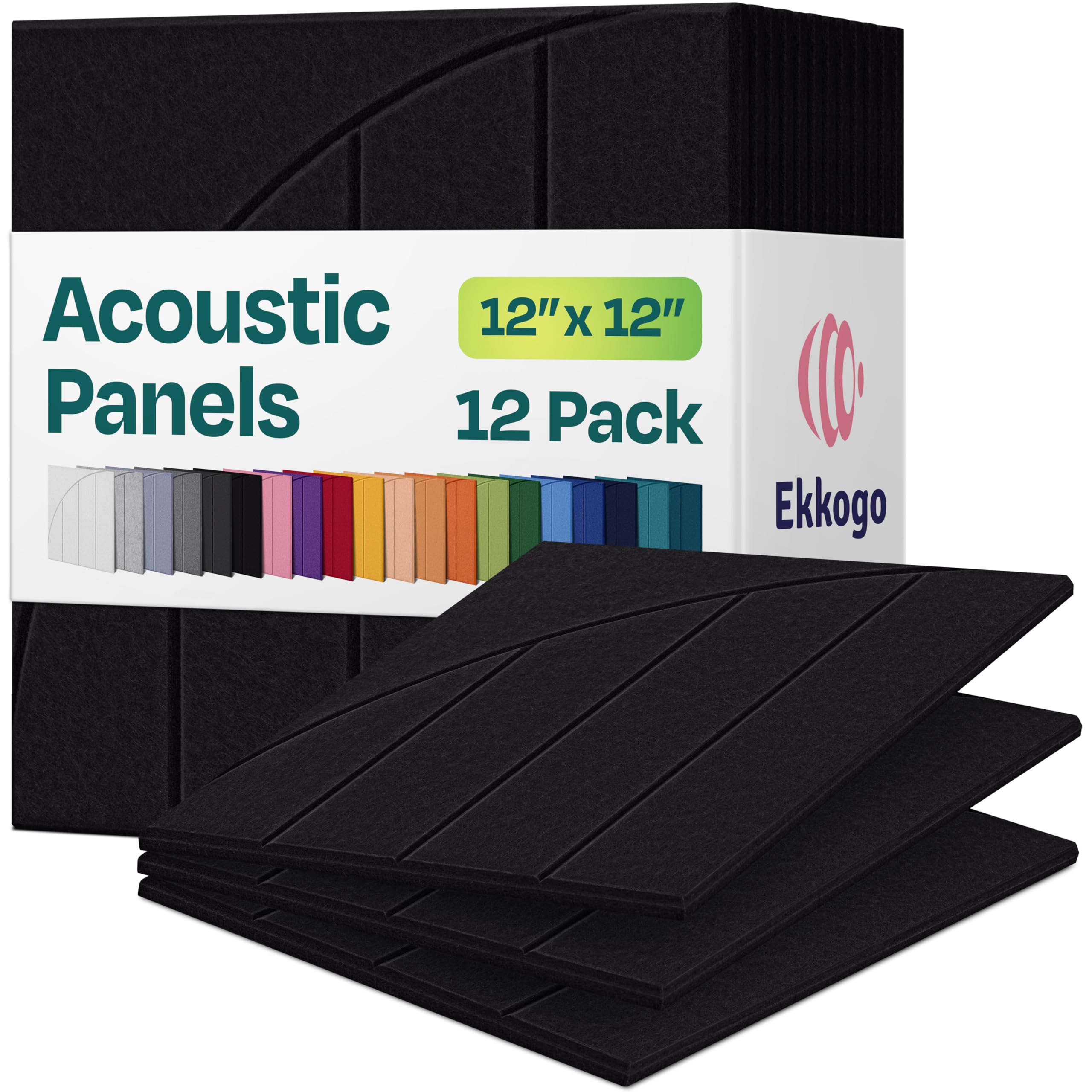 Acoustic Panels 12-Pack Soundproof Wall Panels 12"x12"x0.4" Decorative Sound Dampening for Your Home, Office, Studio, Bedroom &amp; More with Unique ModuArc Carving [Deep Black]