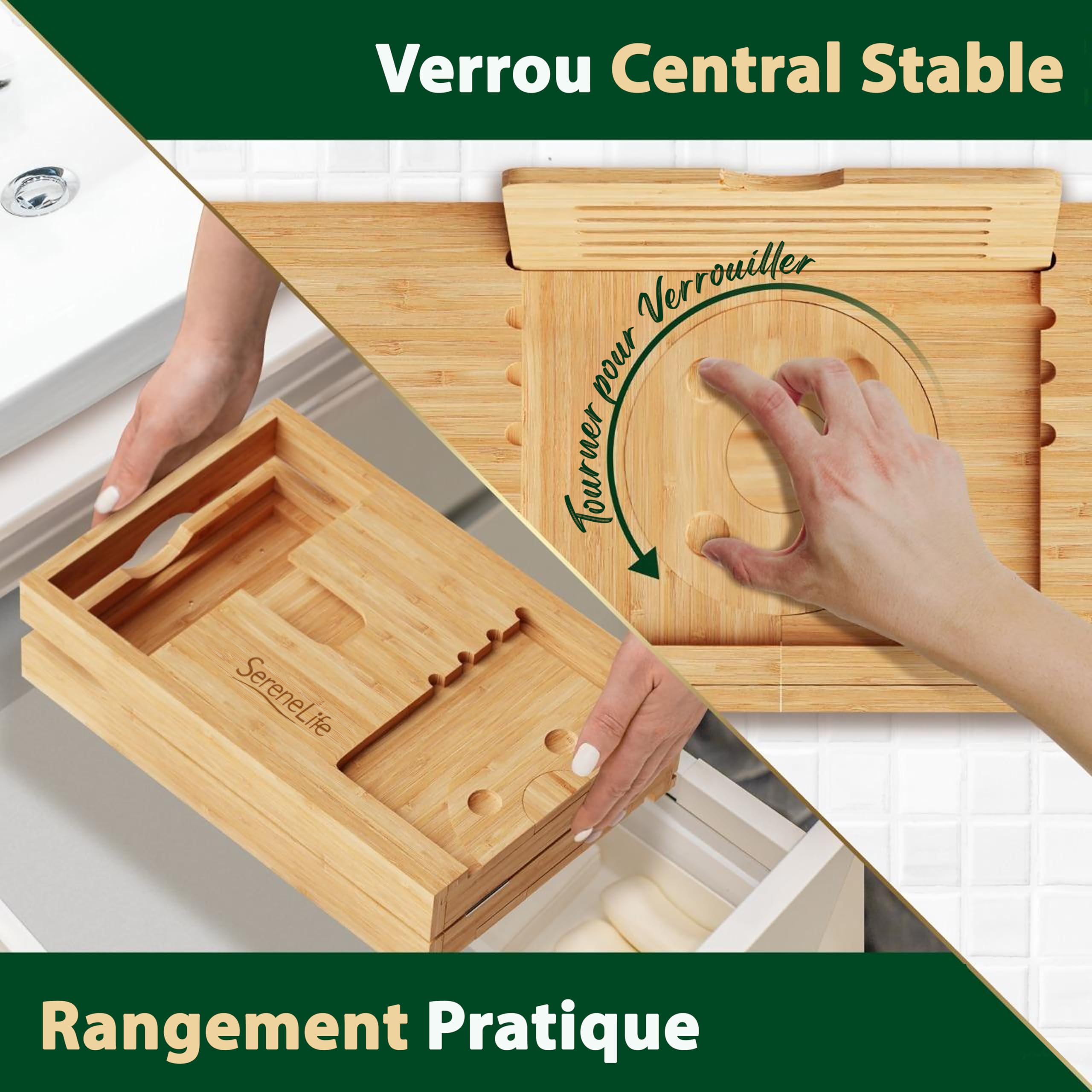 SereneLife Plateau Baignoire - en Bambou avec Design Pliable et Verrouillable-Plateau Salle de Bain Extensible de 76 cm à 109 cm-Charnières Pliantes pour Un Rangement Facile-Planche de Bain