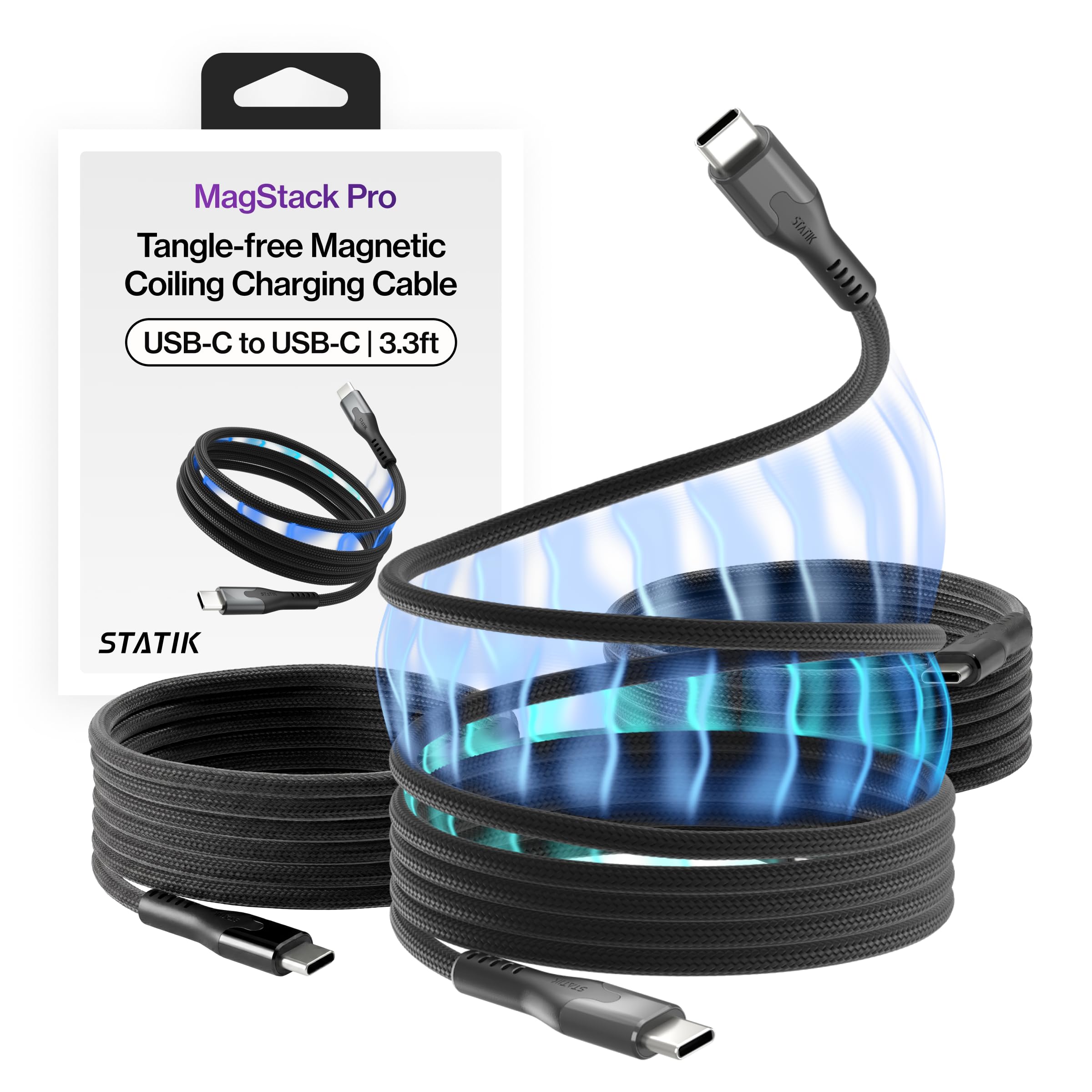 Statik MagStack Pro - Cavo da USB C a USB C, cavo di ricarica rapida magnetico di tipo C, per auto, compatibile con iPhone 16 Pro Max, 15, Galaxy S21, 100 W, 1 m, confezione da 3