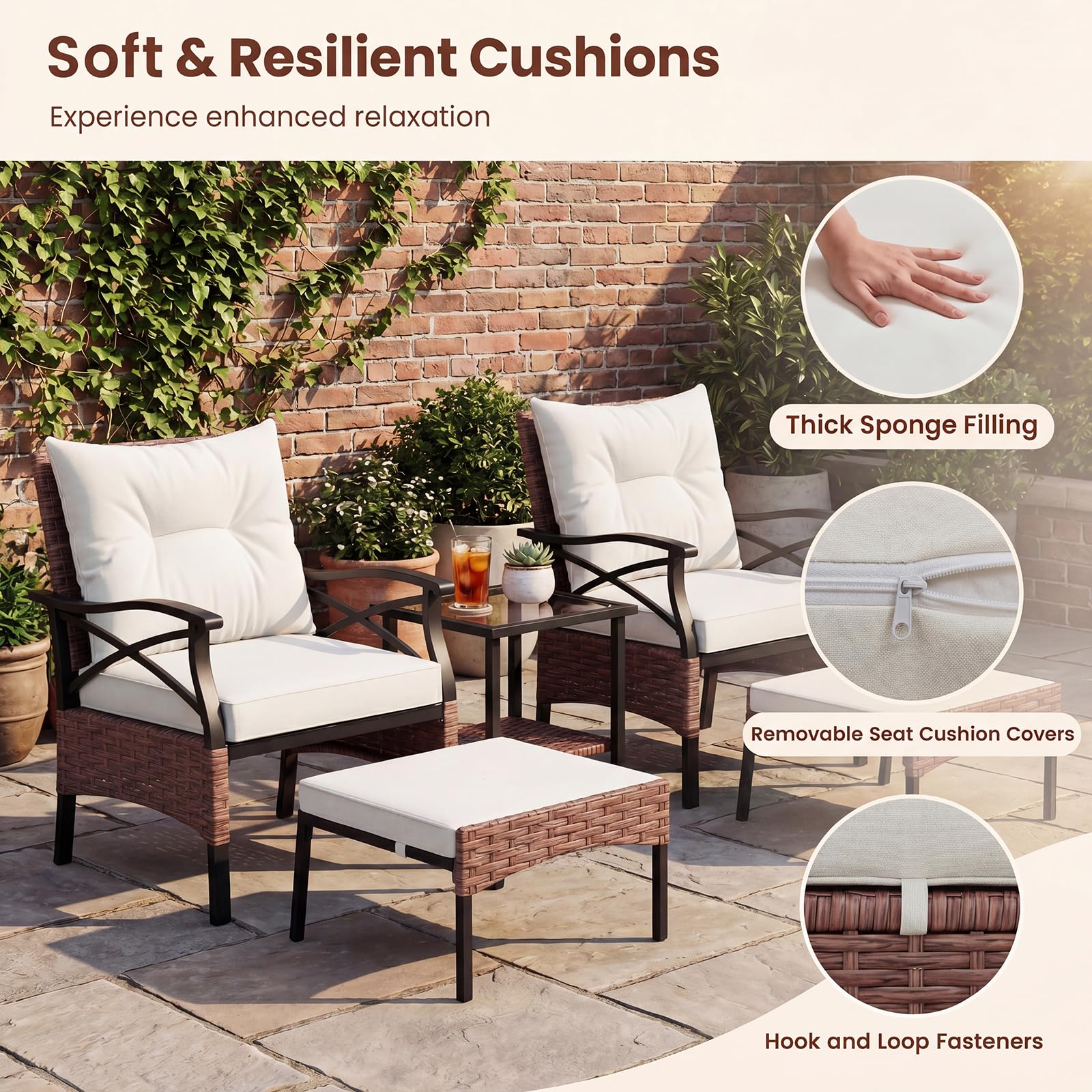 GIANTEX Conjunto Muebles Jardín Exterior de Ratán 5 Piezas, 2 Sillones, 2 Otomanas y Mesa de Vidrio, Cojines Extraíbles, para 2-4 Personas, Juego de Conversación para Patio Terraza (Marrón+Beige)