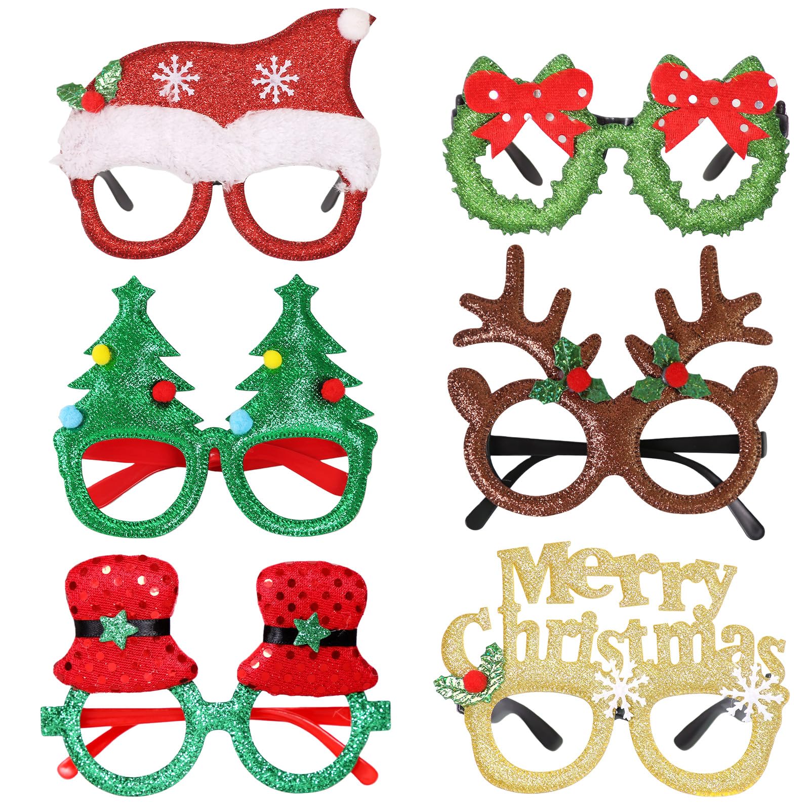 AYNKH 6Pcs Christmas Glasses, Novelty Glitter Party Glasses Frames Christmas Creative Eyewear Decoration for Adults Photo Props Party Favors