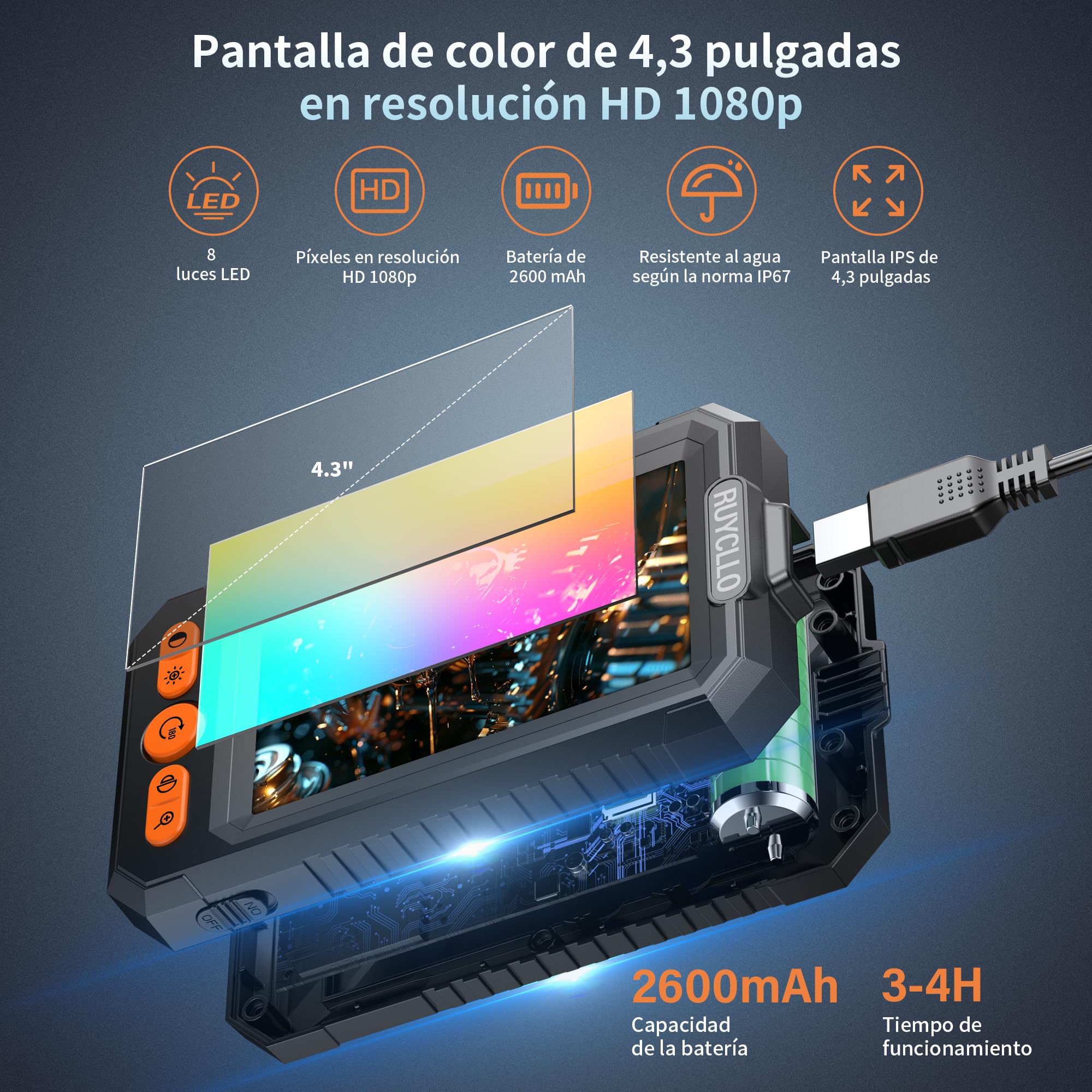 Endoskop z Kamerą 1080P HD i Ekranem IPS 4.3" – Wodoodporna Kamera Inspekcyjna IP67 z 8 LED i Sondą 8mm, Półsztywny Przewód 5M do Rur, Samochodów, Domu