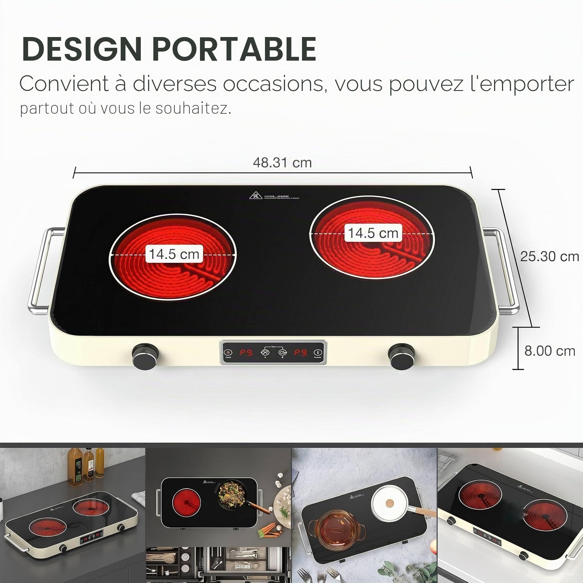 Plaque Vitrocéramique 2 Feux 2200W, Plaque de Cuisson Électrique 48 cm avec 9 Températures et Niveaux de Puissance & Minuterie - Réchaud Électrique Portable Pour Camping-car, Chambre, Randonnée