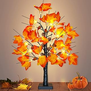 24 Inch Fall Decor Lighted Maple Tree with Pumpkin/LED Lights, Pine Cones and Acorns - USB/Battery Operated Fall Tree Light for Autumn Fall Decorations for Home, Thanksgiving Table Decorations