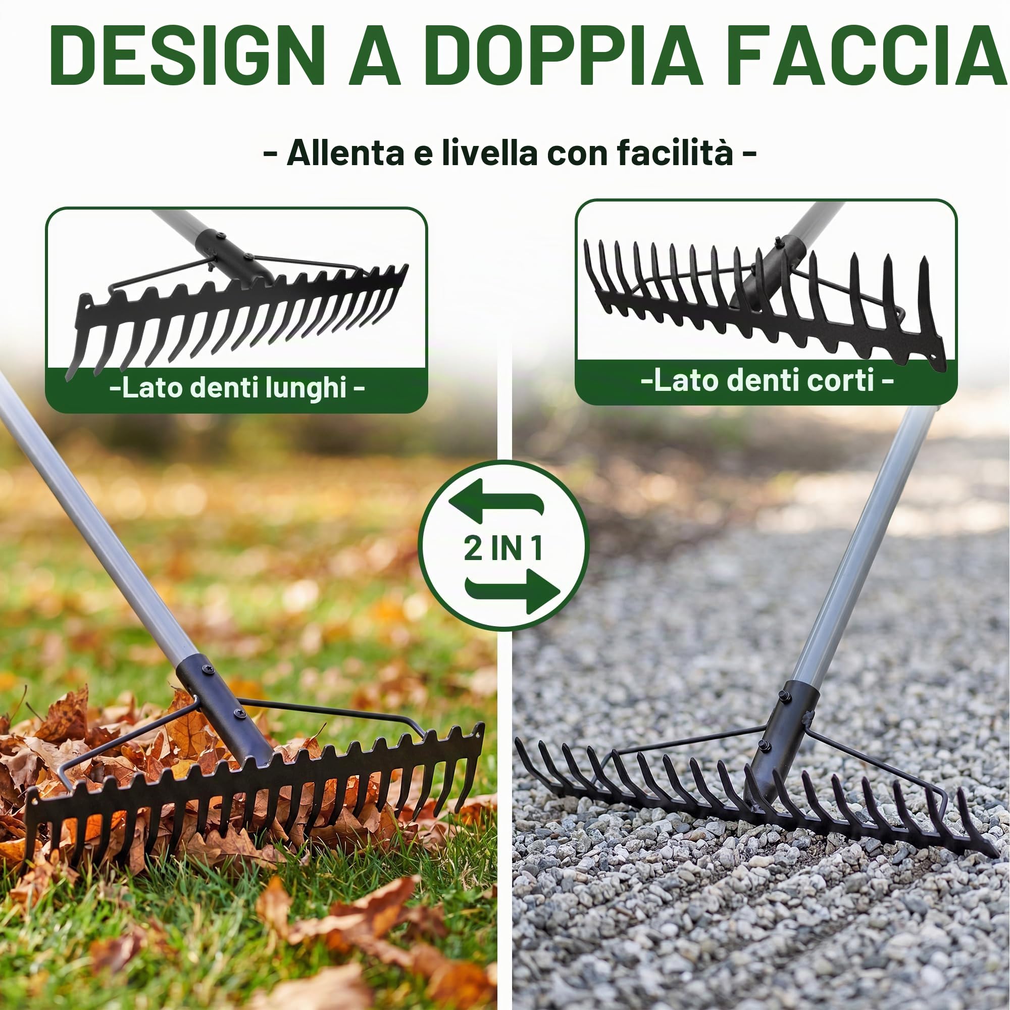 Walensee Rastrello da giardino resistente da 165 cm, con manico in acciaio inossidabile, rastrello in metallo a doppia testa a 17 denti per allentare il terreno, livellare il prato, raccogliere foglie