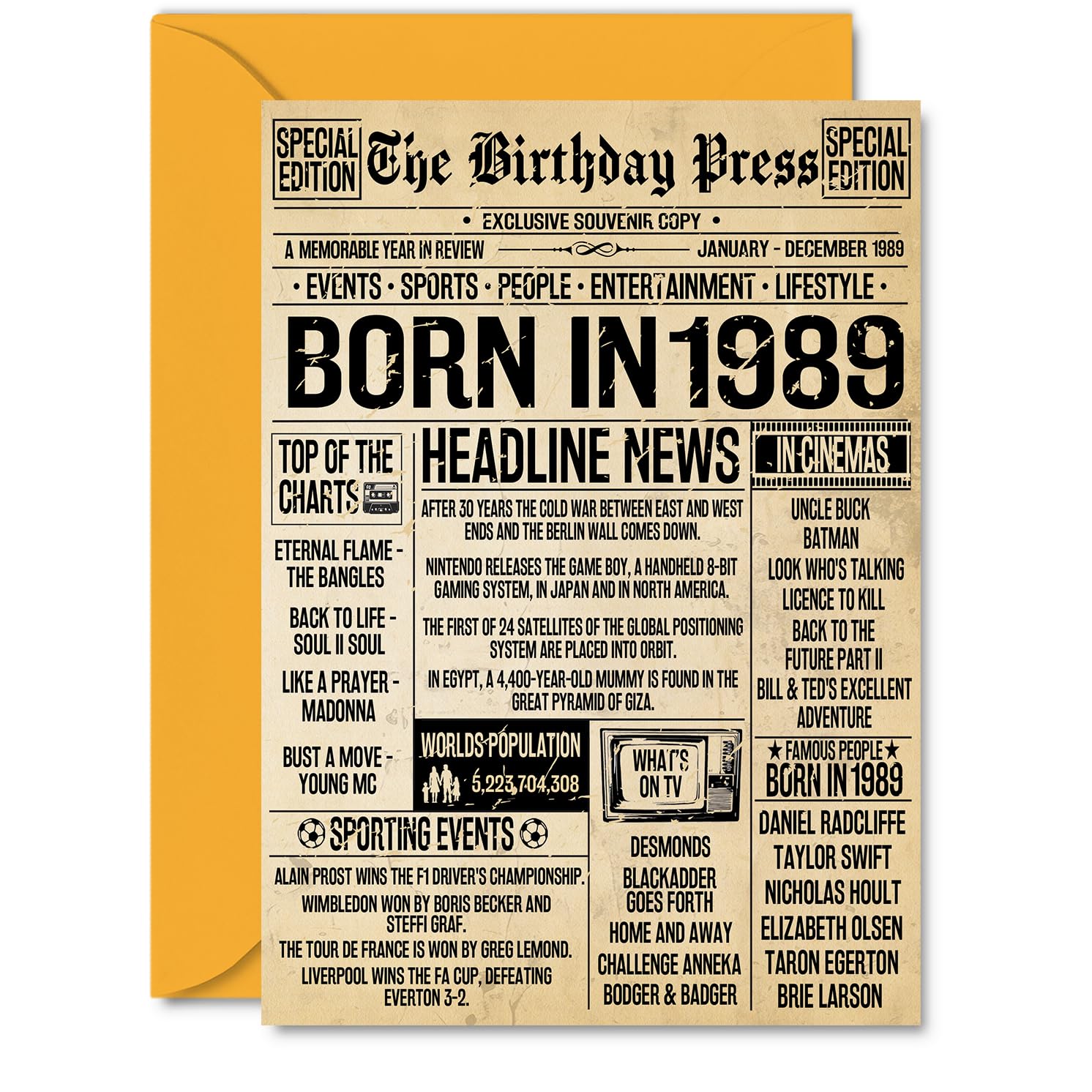 37th Birthday Card for Women Men - Bday Press Newspaper 1989 - Happy 37 Birthday Cards for Nephew Dad Friend Cousin Sister Neighbour, A5 Bday Greeting Cards