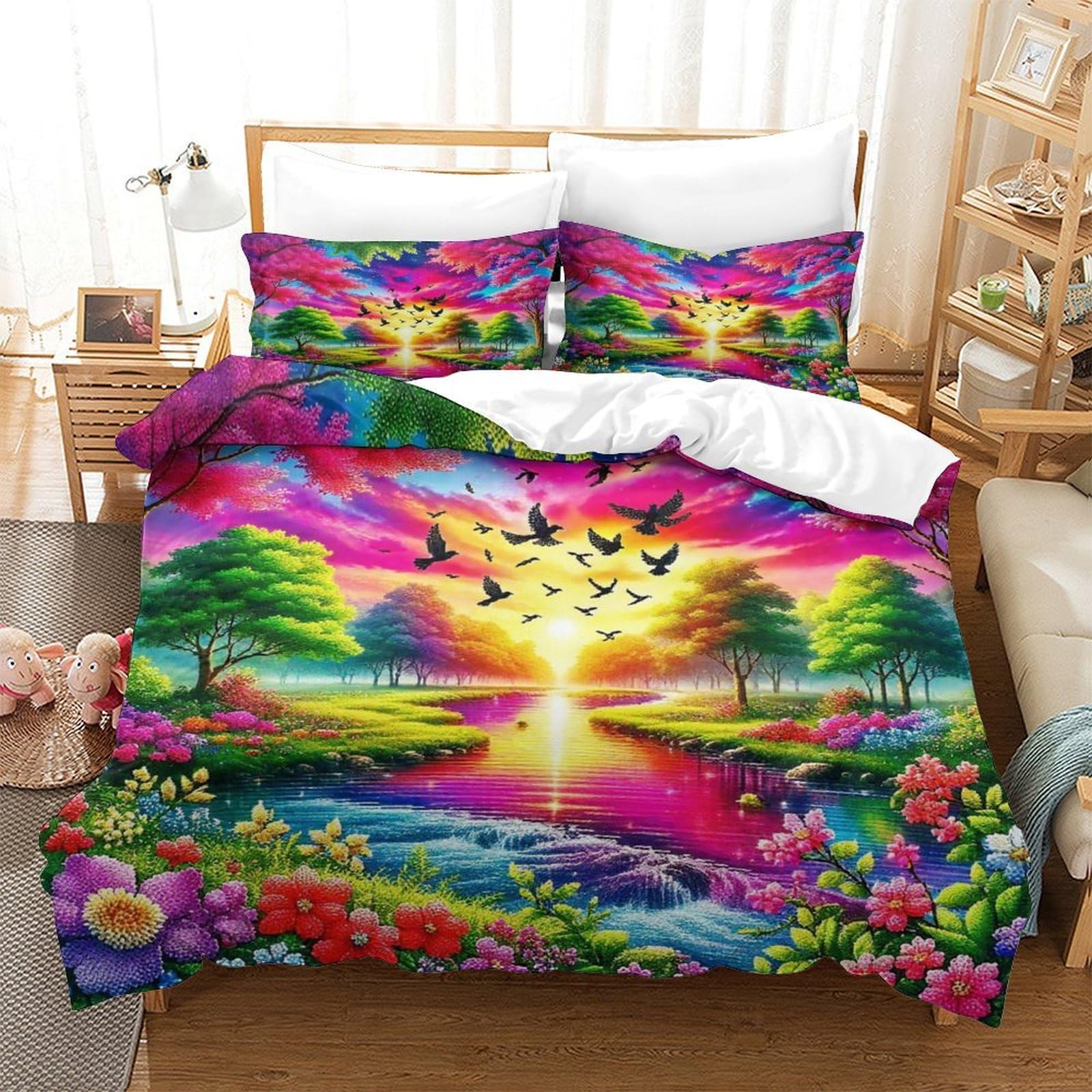 Yyvkpmlxc Style-5 Sunset Bird Flock 3D Printed Duvet Cover Set,Neon Gradient Valley Bedding Set Soft Microfiber Quilt Covers 3Pcs, Comforter Cover With Zipper Closure For Kids Teens Bedding Single（135X200cm）