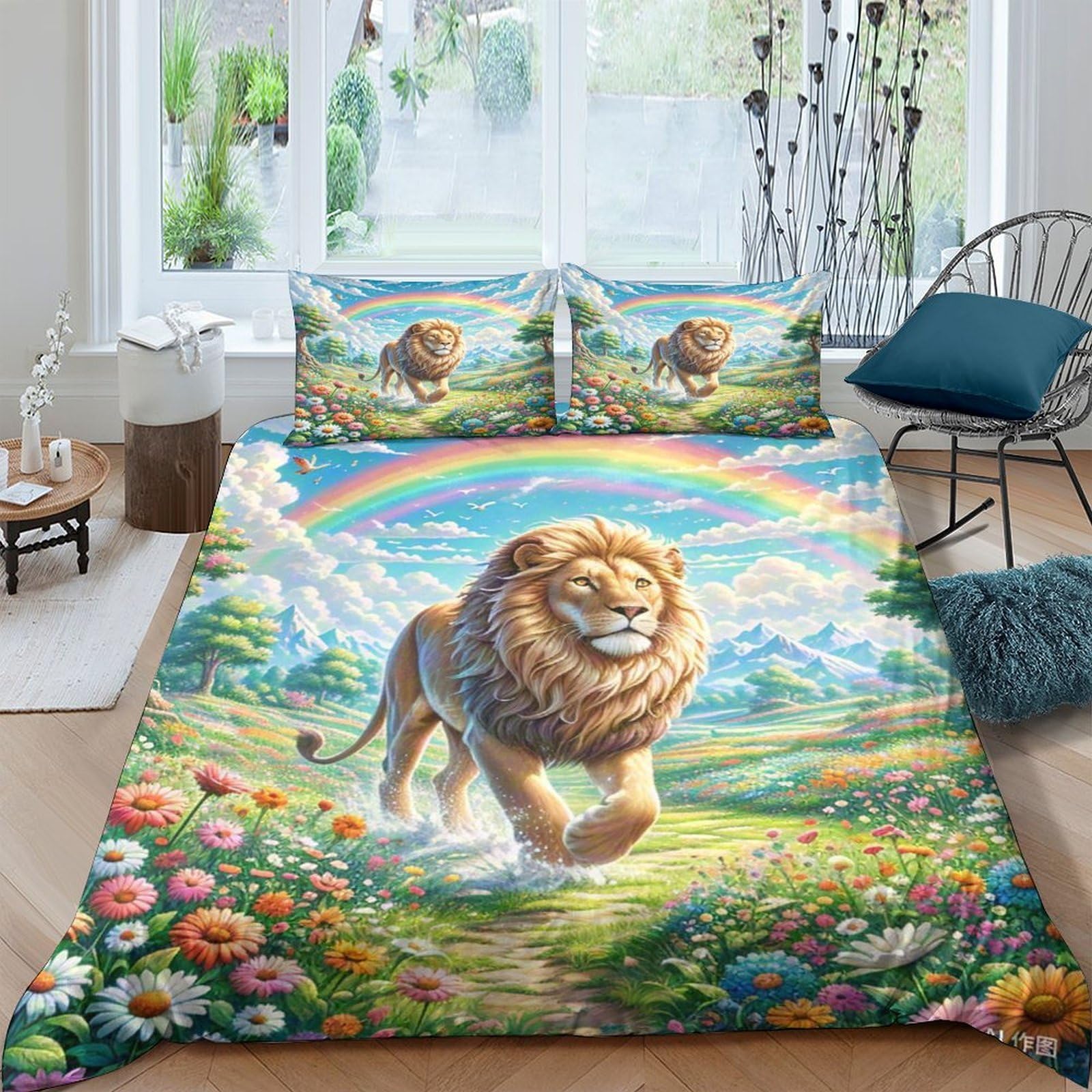 Ctjqhvkz Style-2 3D Printed Lion Rainbow Fitted Sheet Microfiber Soft Non-Slip Art Meadow Bed Cover For Bedroom Guestroom Decor Single（135X200cm）