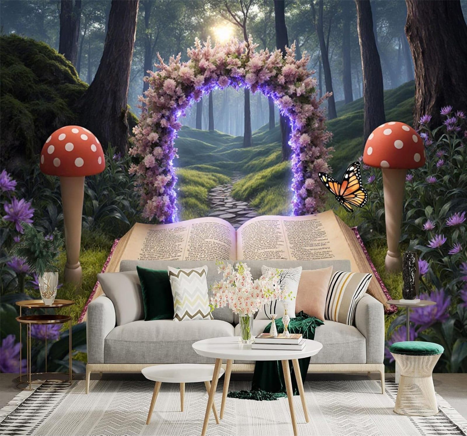 XLMING Forest Books Floral Arch Mushrooms Butterflies 3D Wallpaper Silky Texture Home Study Office Grey Dining Room Sofa Bedroom Living Room TV Backdrop-150cm×105cm