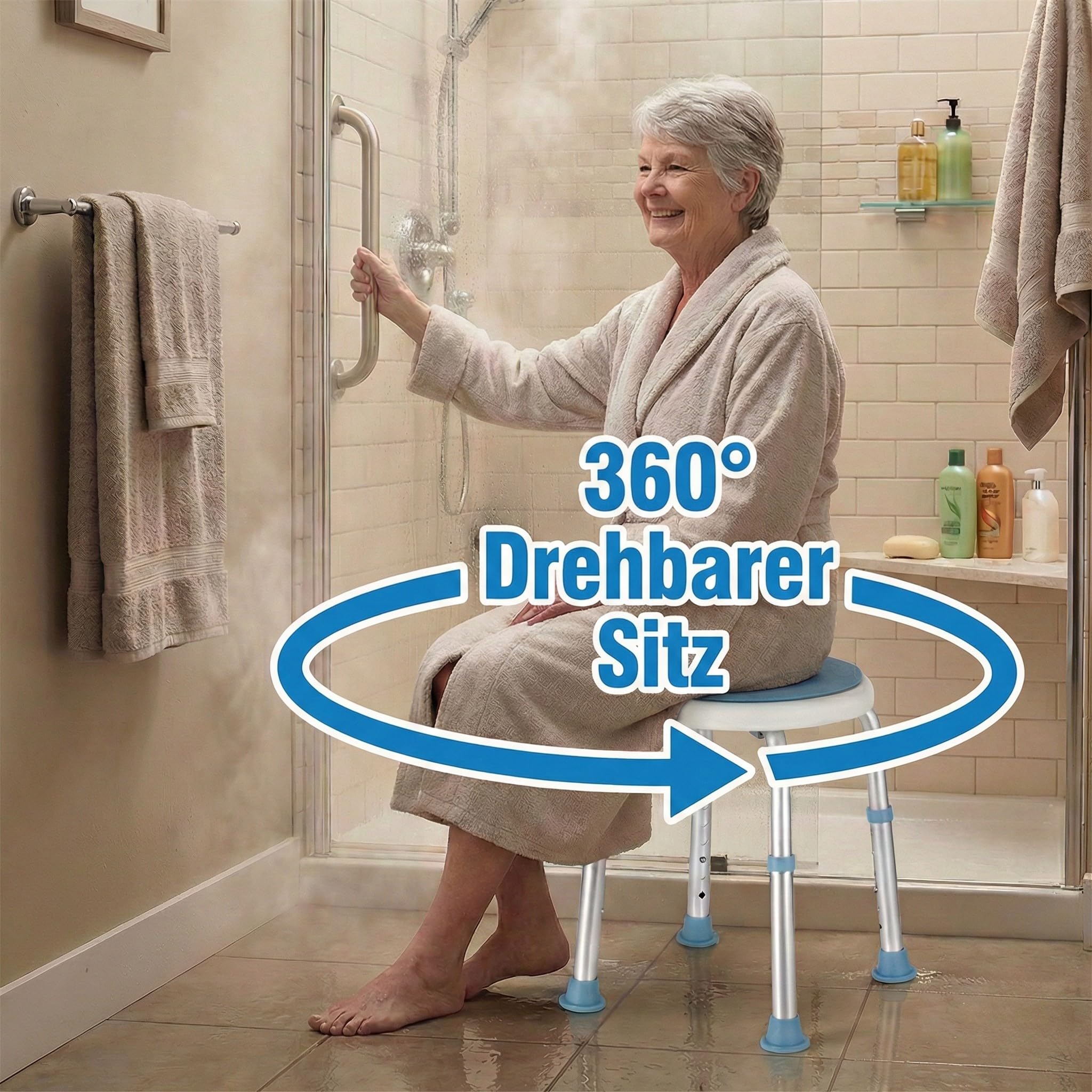 Duschhocker - Duschstuhl 360° drehbar und höhenverstellbar, Badhocker für die Dusche bis 136kg belastbar, Rutschfester Duschsitz für Senioren und Erwachsene, Dusch Hocker