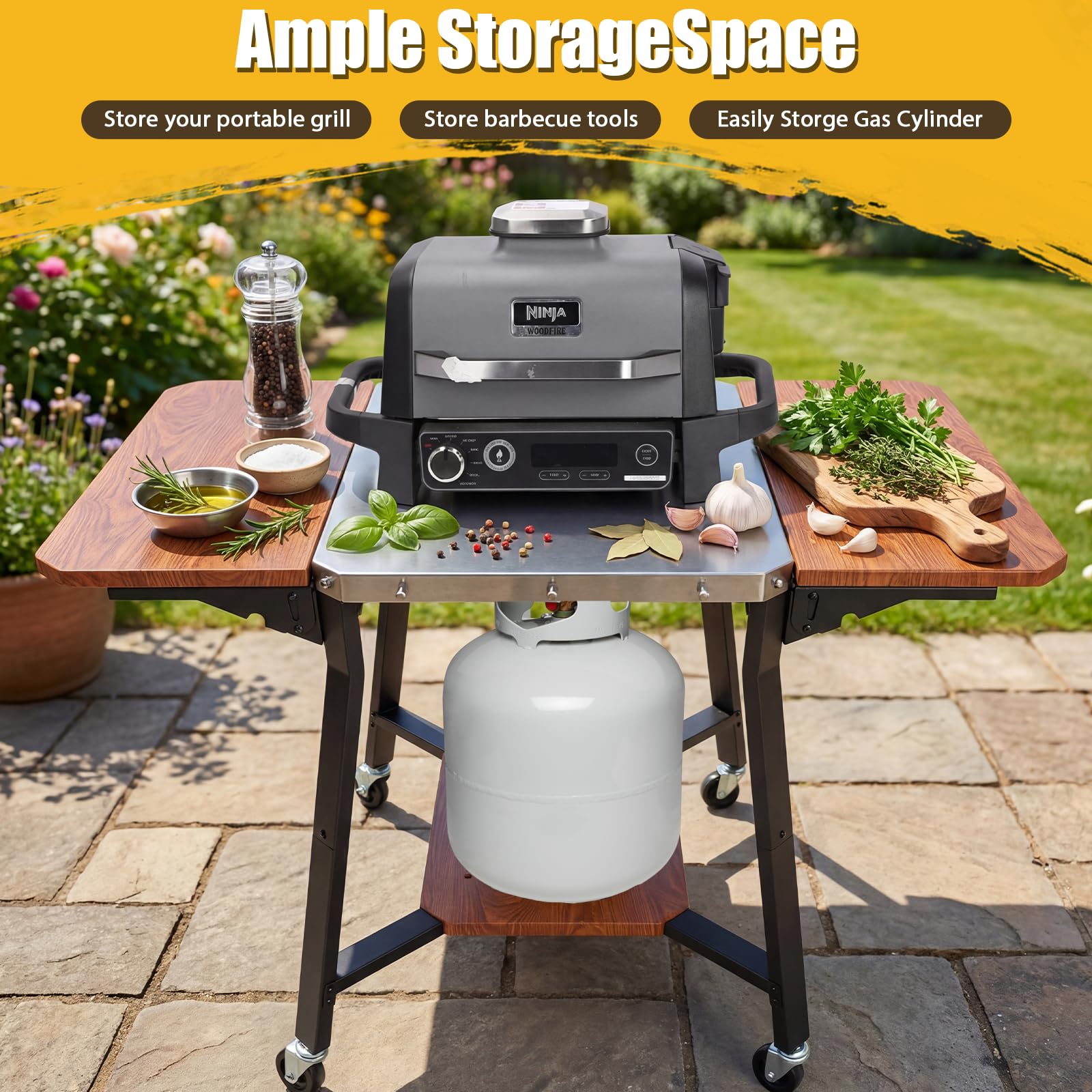 GFTIME Carrello per barbecue con piano di lavoro in acciaio inox, con 2 ripiani laterali pieghevoli, supporto per bombole a gas e ruote, carrello da cucina mobile per barbecue, forno per pizza e