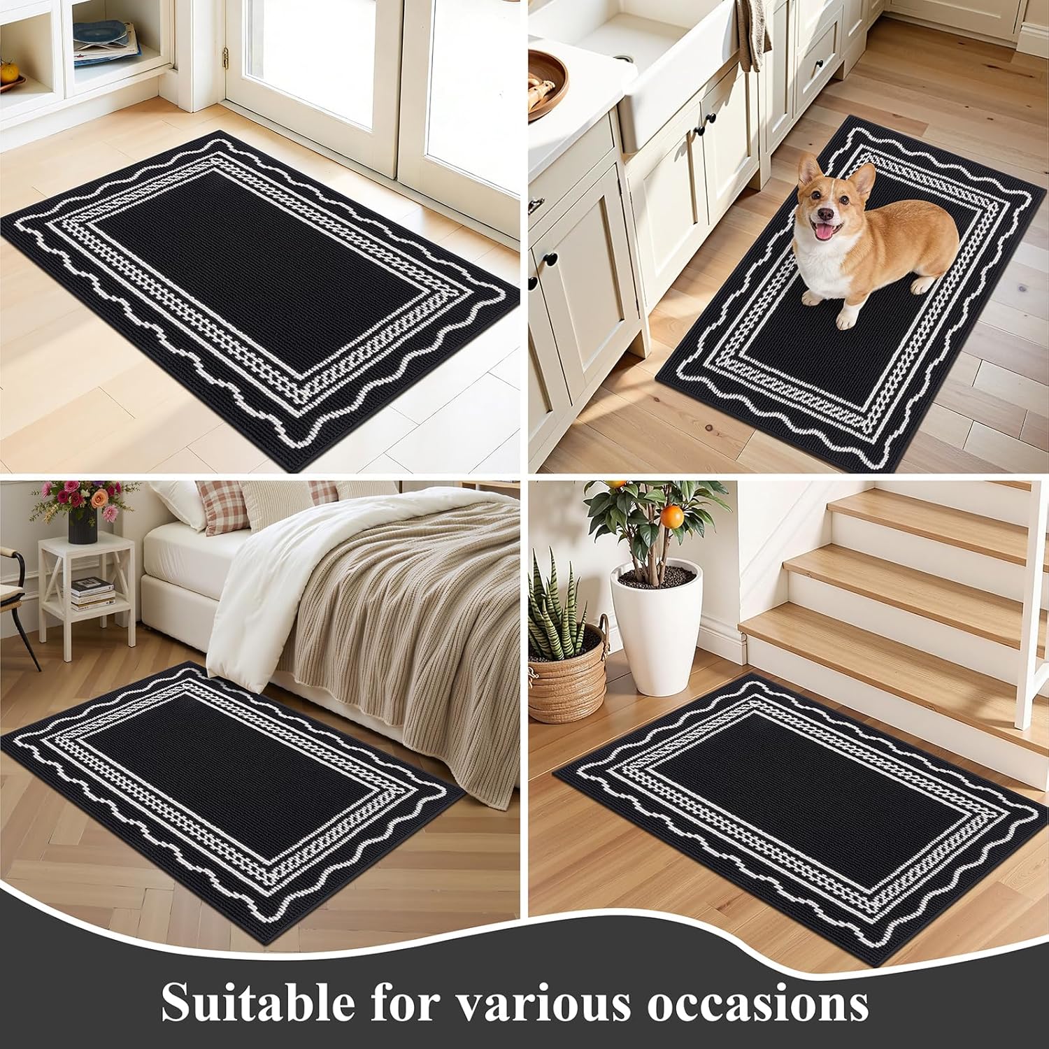 Ileading Indoor Door Mat 2x3ft, Absorbent Dog Muddy Paws Mats, Low-Profile Entrance Small Runner Carpet with Non-Slip Rubber Backing, Washable Inside Welcome Mat for Hallway,Entryway,Kitchen(Black)