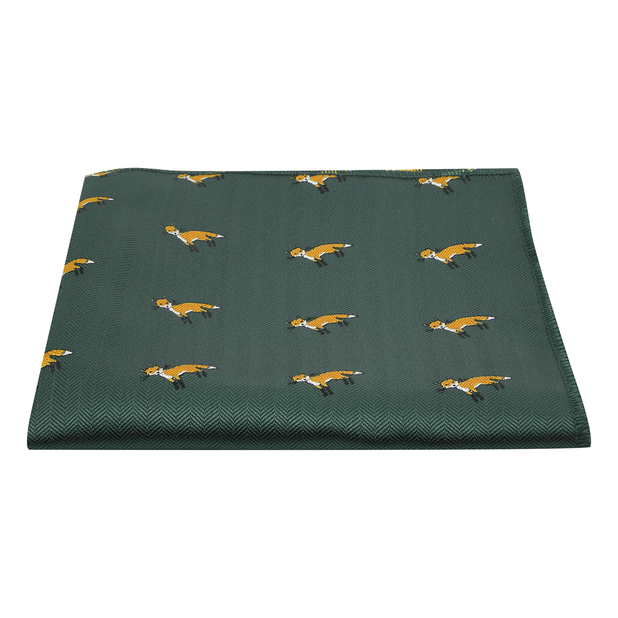King & Priory Dark Green Herringbone Embroidered Fox Pocket Square, Handkerchief