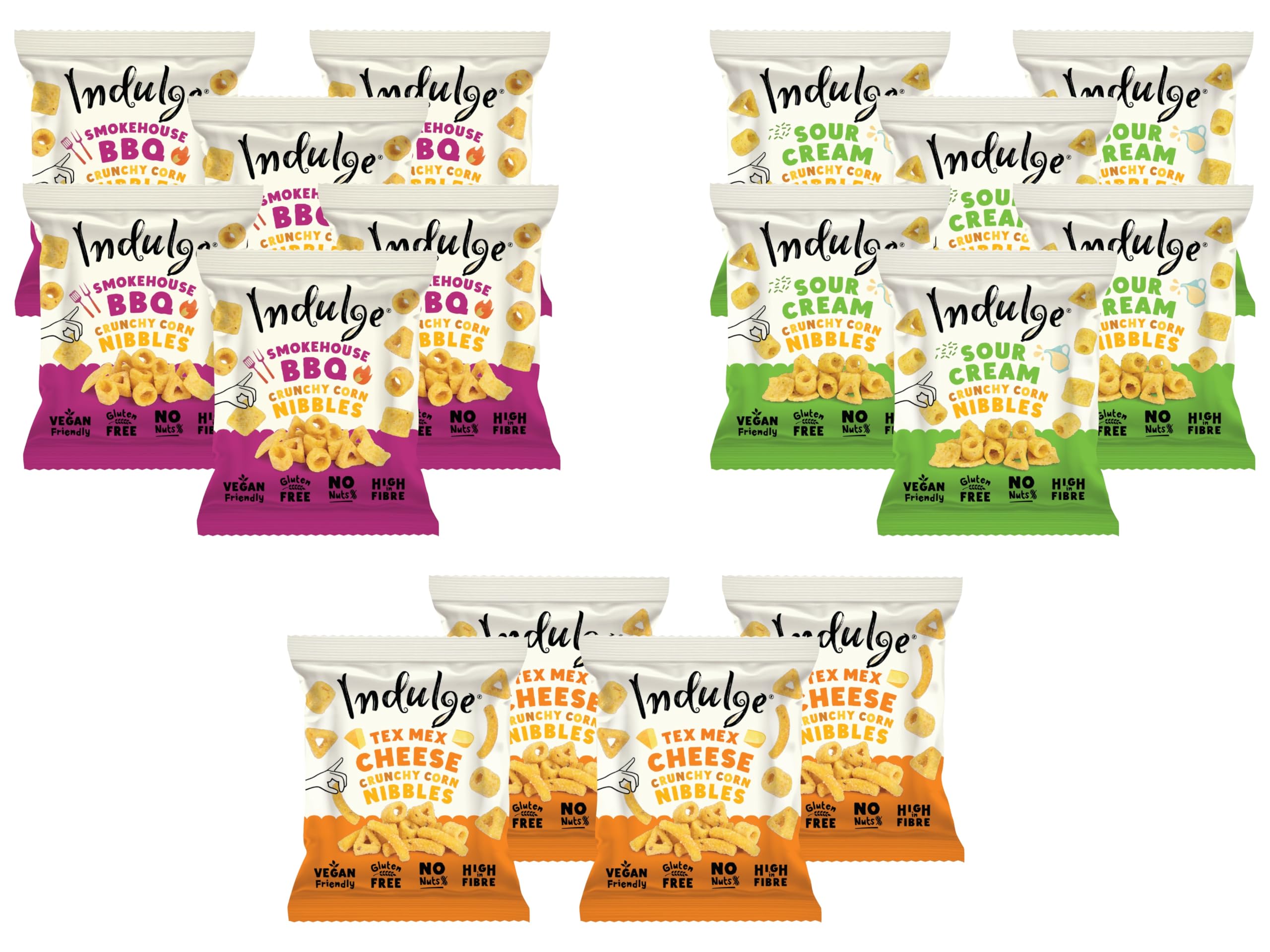Indulge - Crunchy Corn Nibbles - Variety flavour - Gluten Free, Nut Free, Low Salt, Vegan- 20g x 16 bags (Variety Box) (20g (Pack of 16), Variety Box)