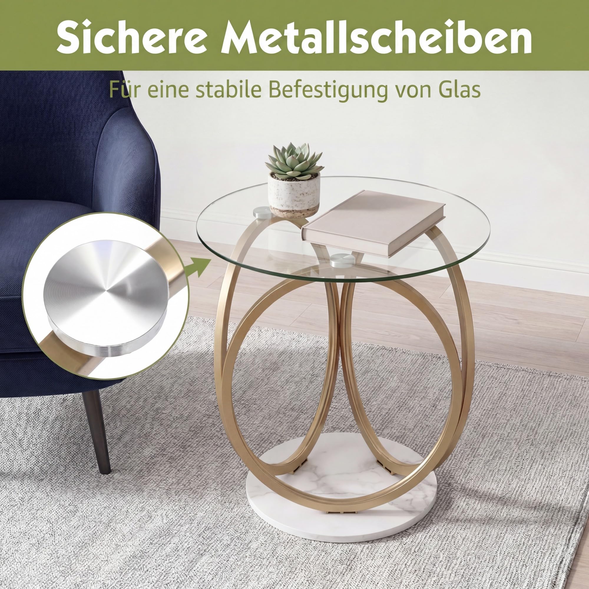 SOARS Runder Couchtisch aus Glas mit 2 Ablagen und goldenem Metallgestell