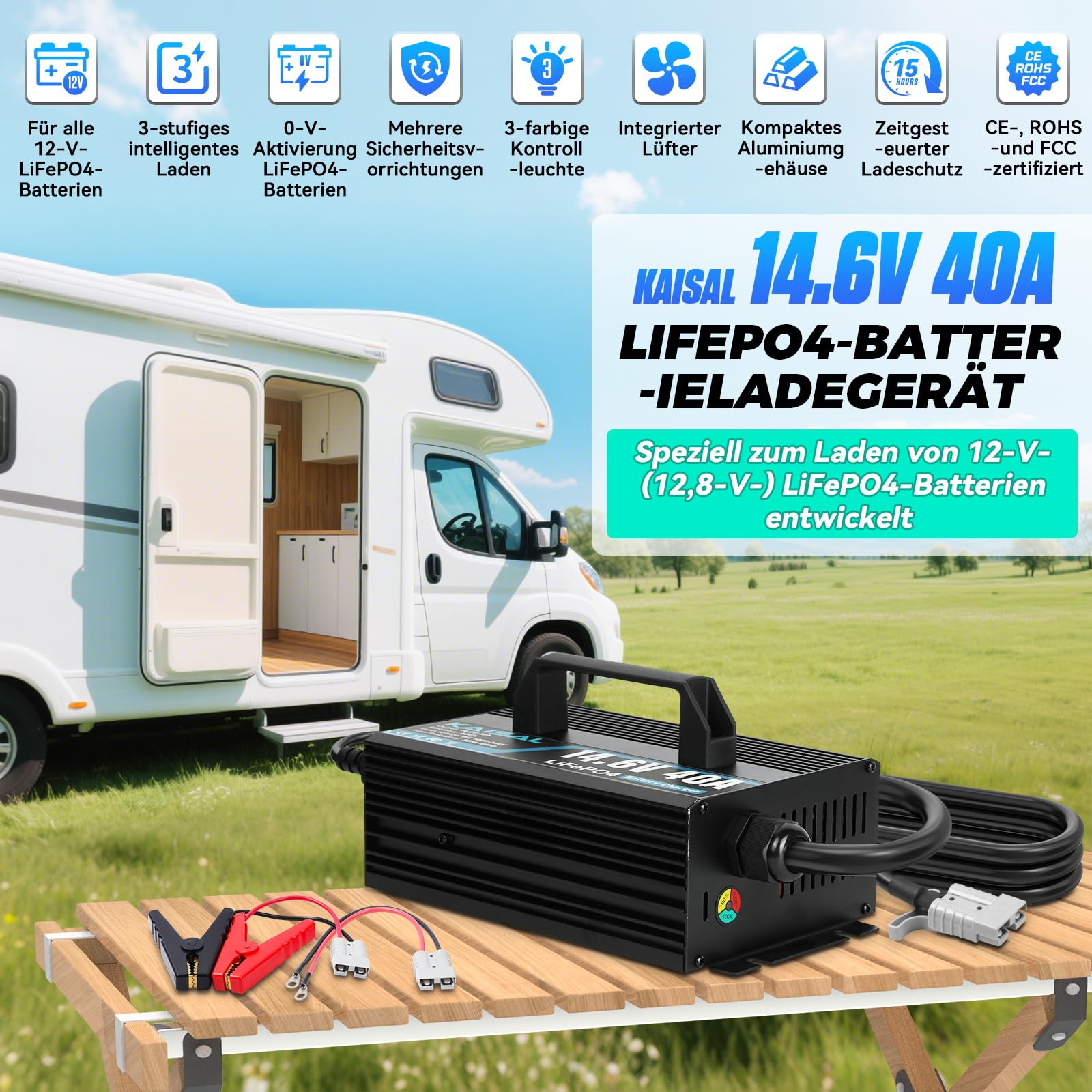 KAISAL 14.6V 40A LiFePO4 Ladegerät, LiFePO4 Batterieladegerät für 12V/12.8V Lithium-Eisenphosphat-Batterien, 12V Lithium Ladegerät mit Anderson Stecker, für Wohnmobil, Boote, Solar Home Systeme